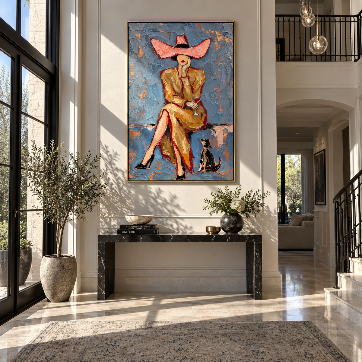 The Pink Brim – Vintage Americana Fashion Woman Portrait Painting | Luxury Glam Living Room Art