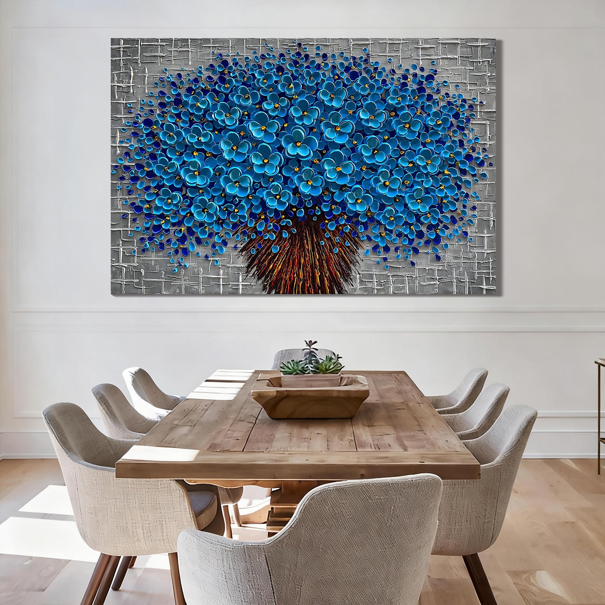 Cerulean Bloom – Modern Floral Relief Floral Painting | Contemporary Botanical Bedroom & Living Room Art