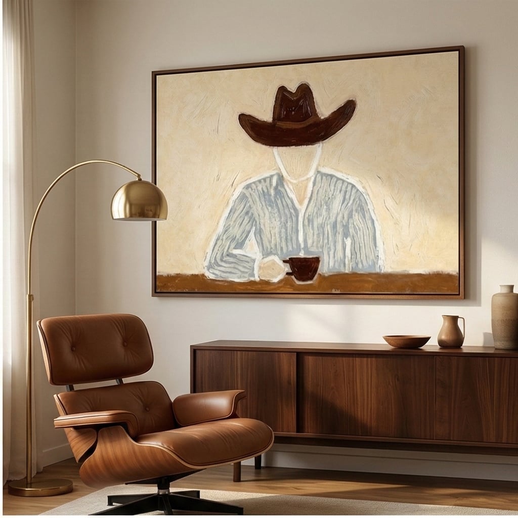 Morning Cup in Silence – Neutral Wide Hat Figure Painting | Modern Figurative Horizontal Wall Art
