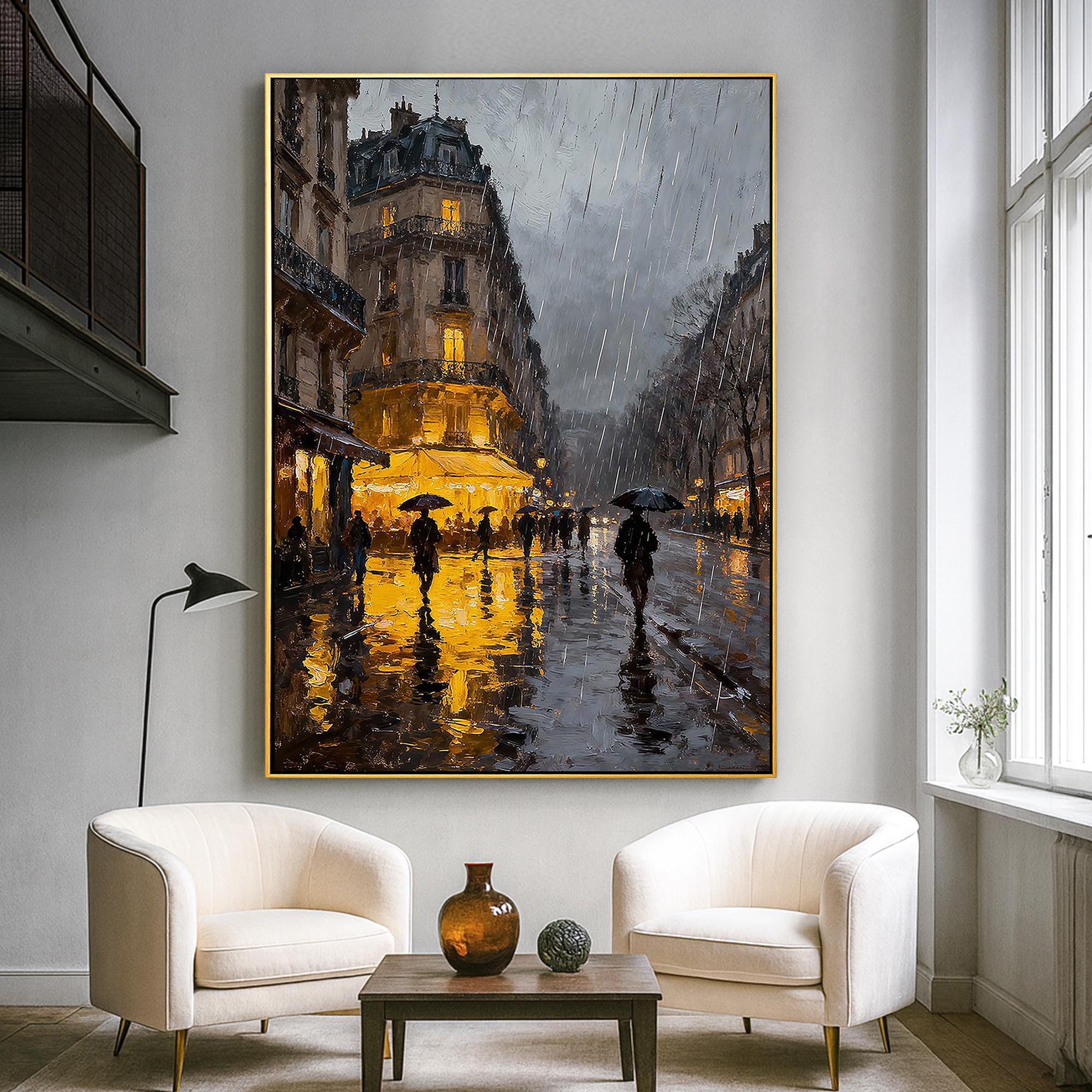 Raindrop Glow – Romantic Cityscape Oil Impressionist Painting | Contemporary Expressionist Living Room & Office Art