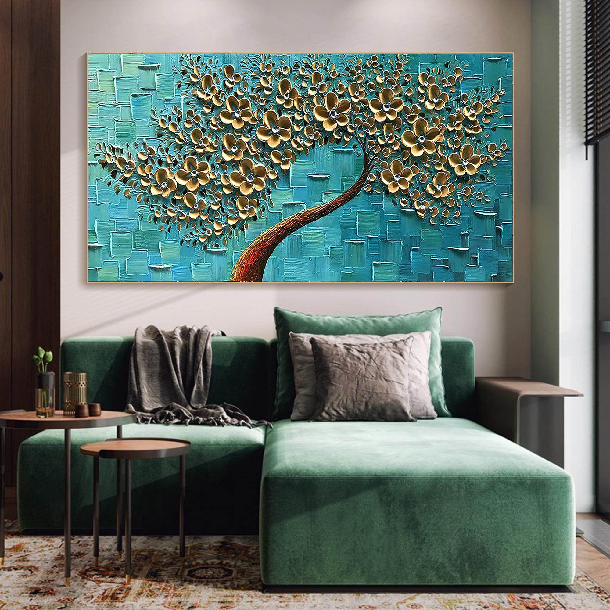 Teal Radiance – Gold Leaf Flower Relief Texture Painting | Modern Luxury Botanical Bedroom & Living Room Art