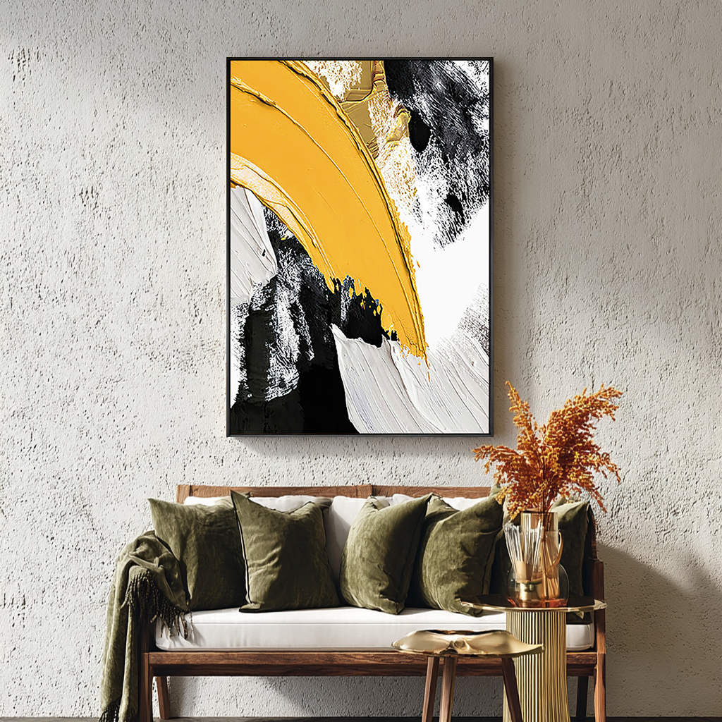 Amber Sweep – Bold Yellow & Black Palette Knife Minimalist Painting | Modern Minimalist Bedroom & Home Office Art