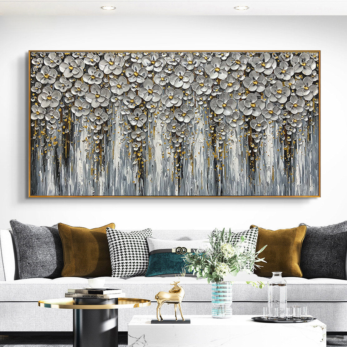 Silver Bloom – Luxury Blossom Relief Floral Painting | Contemporary Botanical Bedroom & Living Room Art