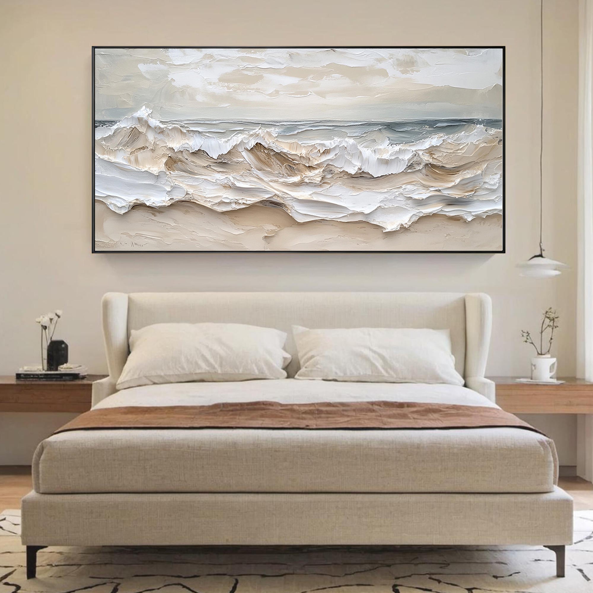 Whipped Tides – Hand-Painted Creamy White Ocean Wave Plaster Effect Seascape Painting | Coastal Modern Living Room & Bedroom Art
