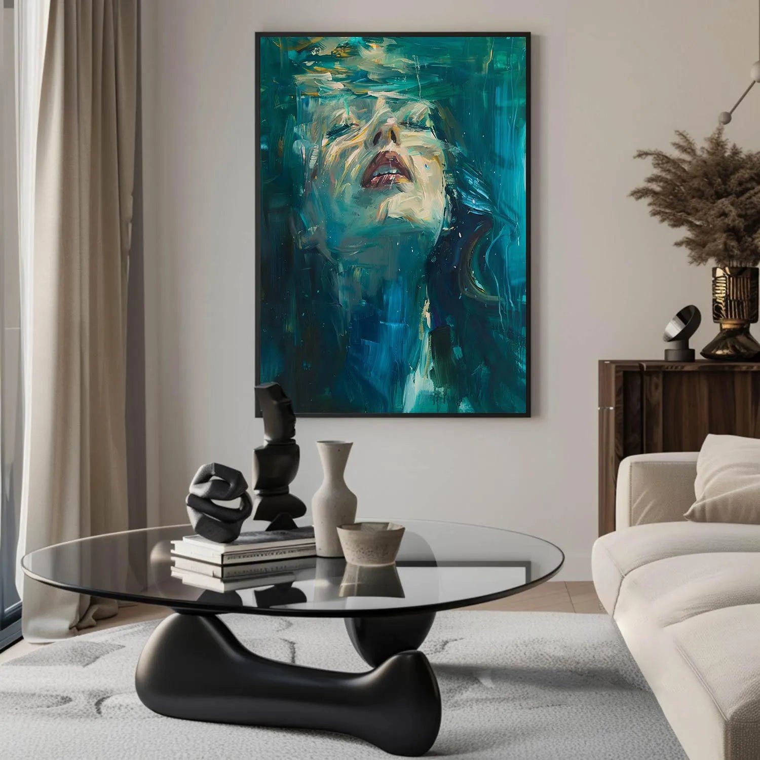 Aquatic Reverie – Hand-Painted Underwater Woman Figure Teal Blue Abstract Textured Oil Portrait Painting | Contemporary Expressionist Living Room & Office Art