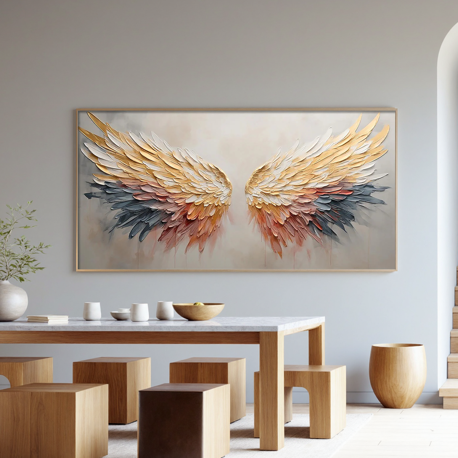 Celestial Ascent – Gold & Rose Pink Feather Relief Texture Painting | Modern Luxury Metallic Living Room & Hotel Art