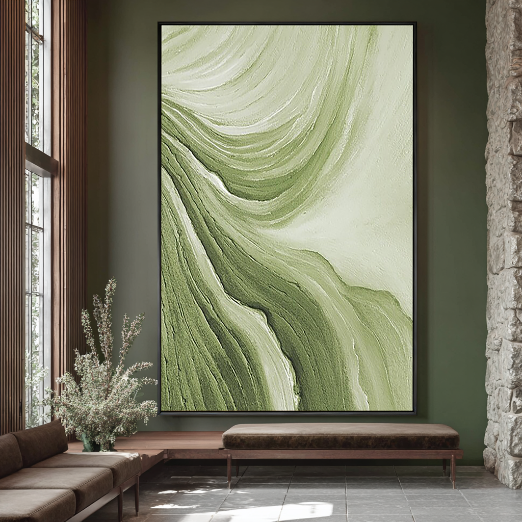 SAGE RIPPLE: Modern 3D Plaster Texture Wall Art, Green Wave Abstract Relief Painting