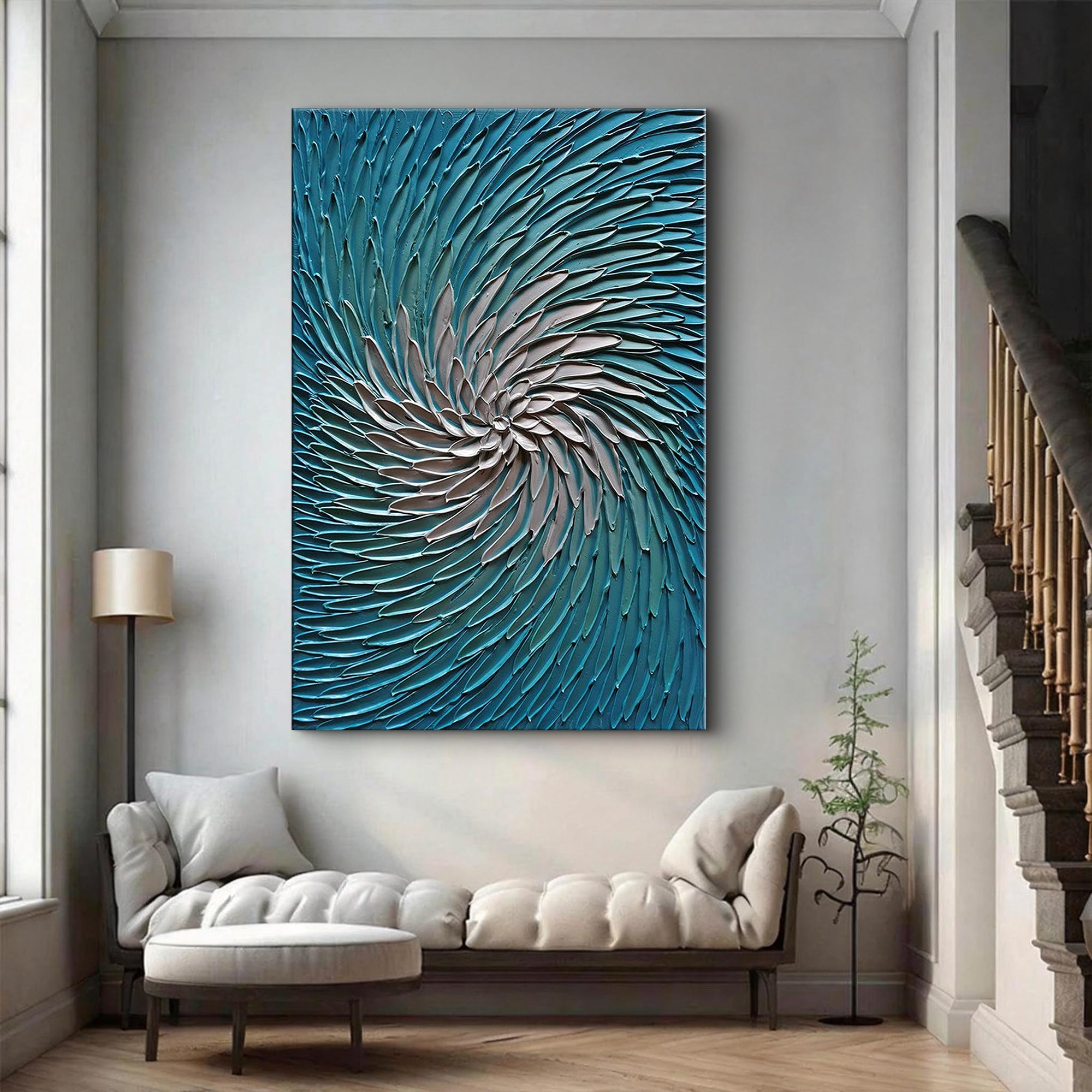 The Ocean Vortex – Modern Teal & Ivory Heavy Impasto Painting | Abstract Coastal Minimalist Hallway Art