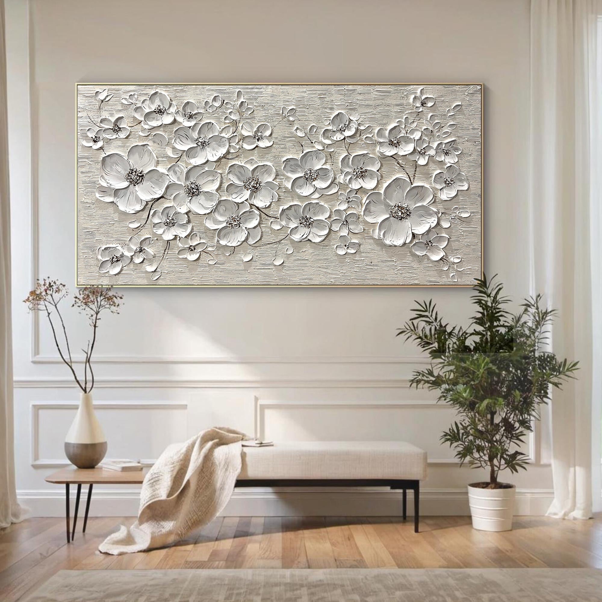 White Harmony – Hand-Painted 3D Impasto White Blossom Floral Painting | Contemporary Botanical Bedroom & Living Room Art