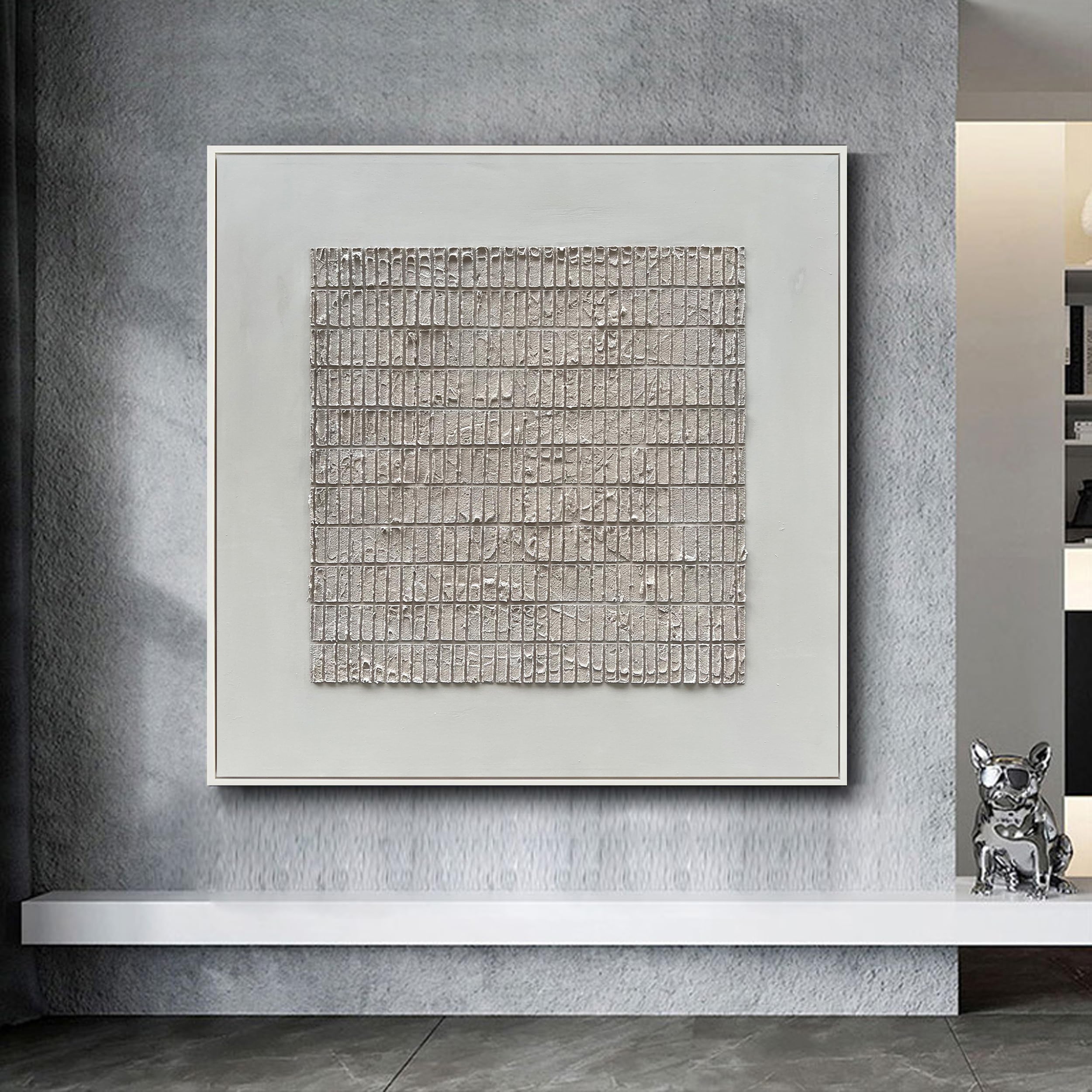 Temporal Grid – Wabi-Sabi Cement Gray Textured Abstract Painting | Modern Minimalist Entryway Art