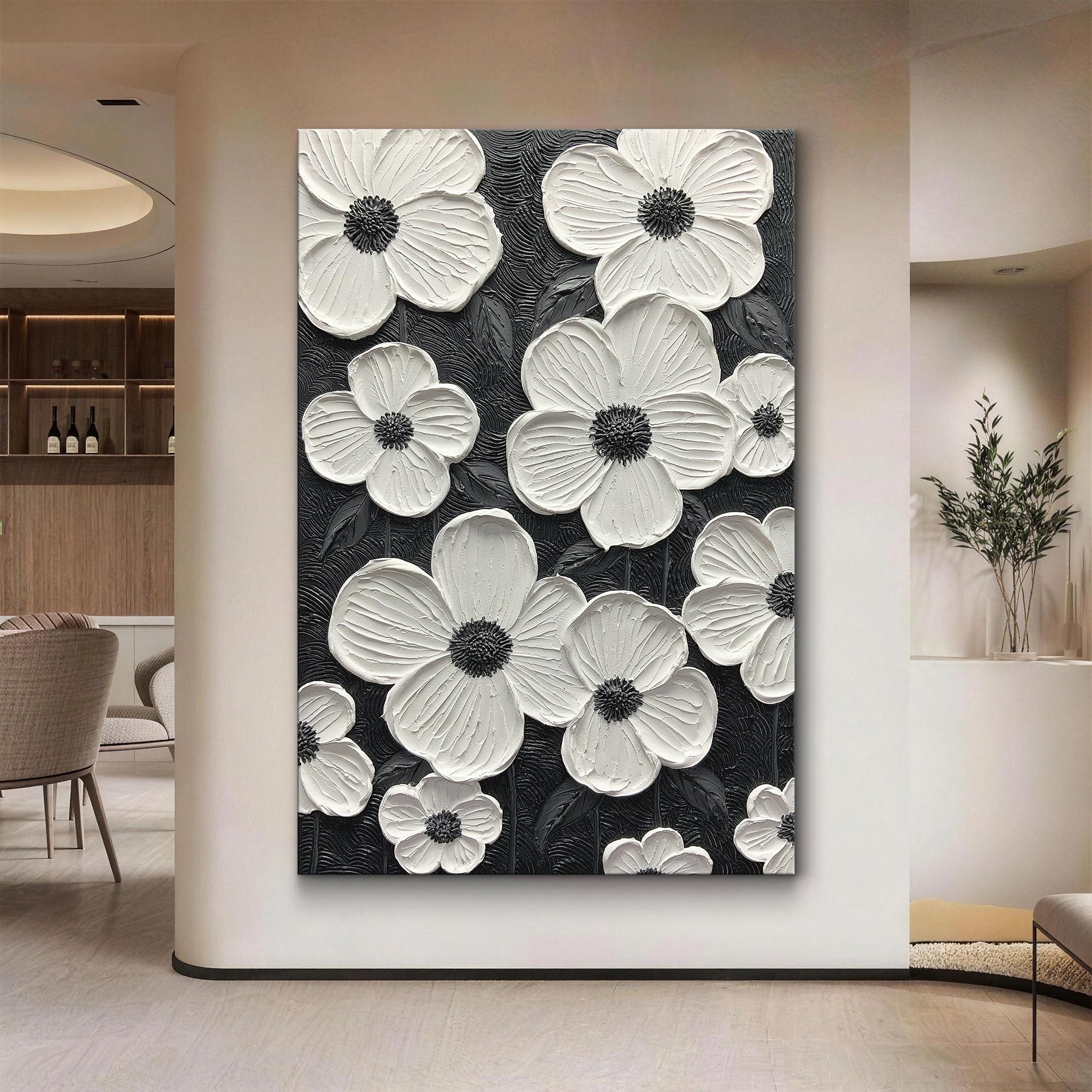 Stark Petals – Sculptural Monochrome Canvas | Ultra-Modern High-Contrast Statement Living Room Art