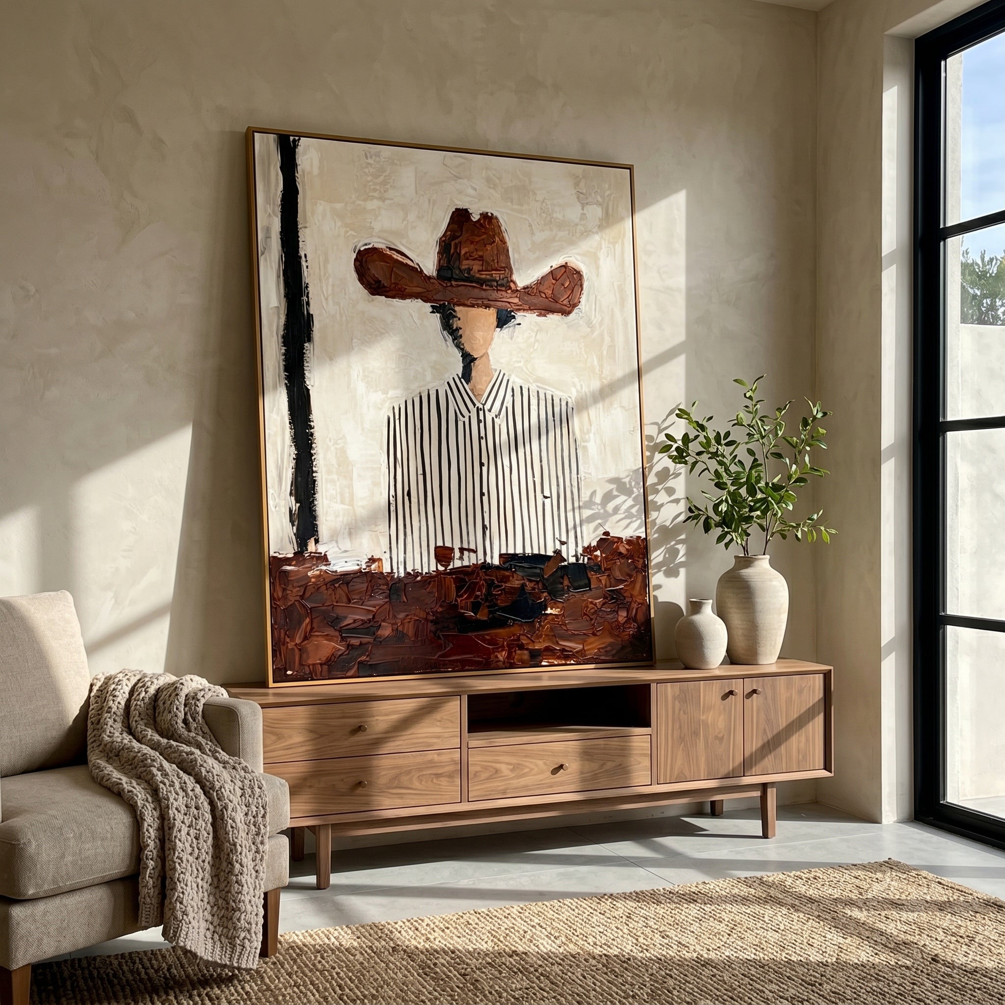 The Texan Frontier - Heavy Impasto Cowboy Stripe Painting | Modern Western & Industrial Hallway Art