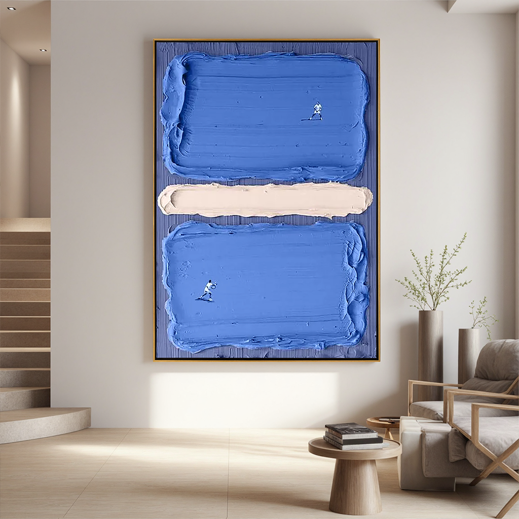 Court Horizon – Hand-Painted Deep Blue Tennis Court Athletes 3D Sport Painting | Contemporary Sport Home Office & Living Room Art