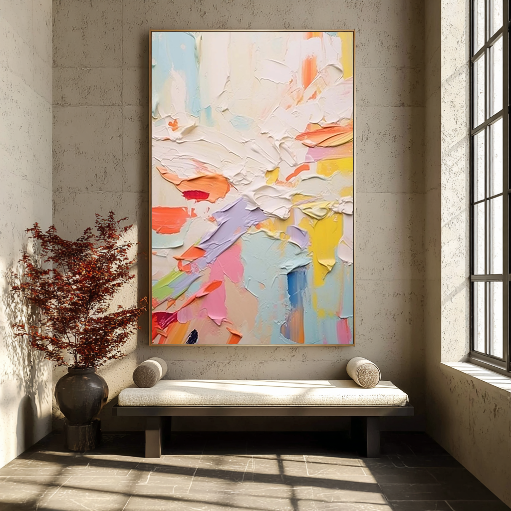 Pastel Energy – Hand-Painted Multicolored Macaron Palette Knife Abstract Painting | Bold Abstract Palette Knife Living Room Art