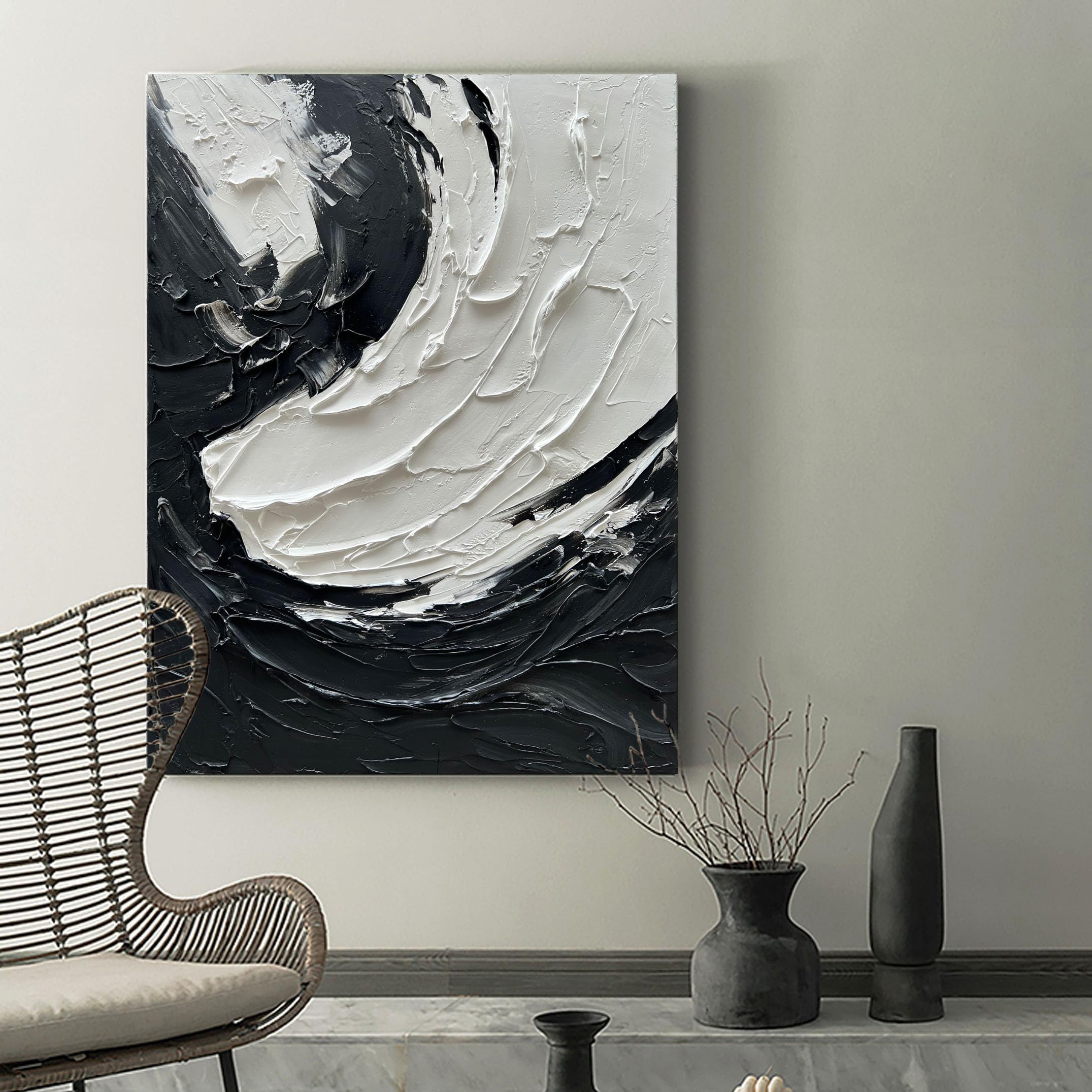 ZEN FLOW: 3D Heavy Texture Black and White Wall Art, Modern Impasto Swirl Relief