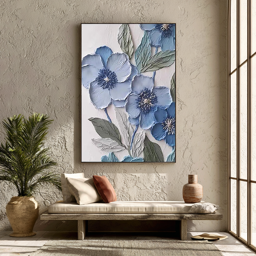 Dusty Blue – Hand-Painted Grey Blue and Slate 3D Relief Plaster Effect Floral Painting | Contemporary Botanical Bedroom & Living Room Art