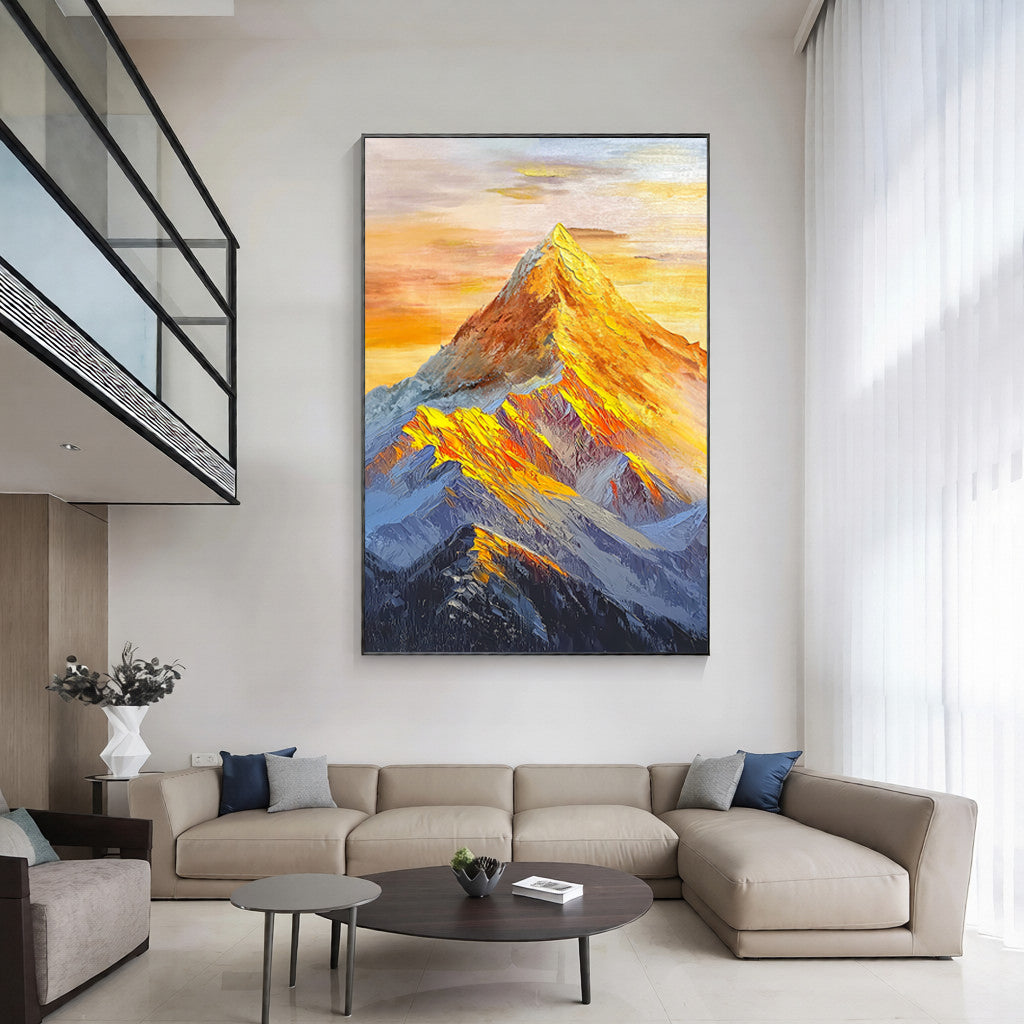 The Gilded Pinnacle – Contemporary Golden Hour Mountain Peak Painting | Vibrant Impasto Hallway Art