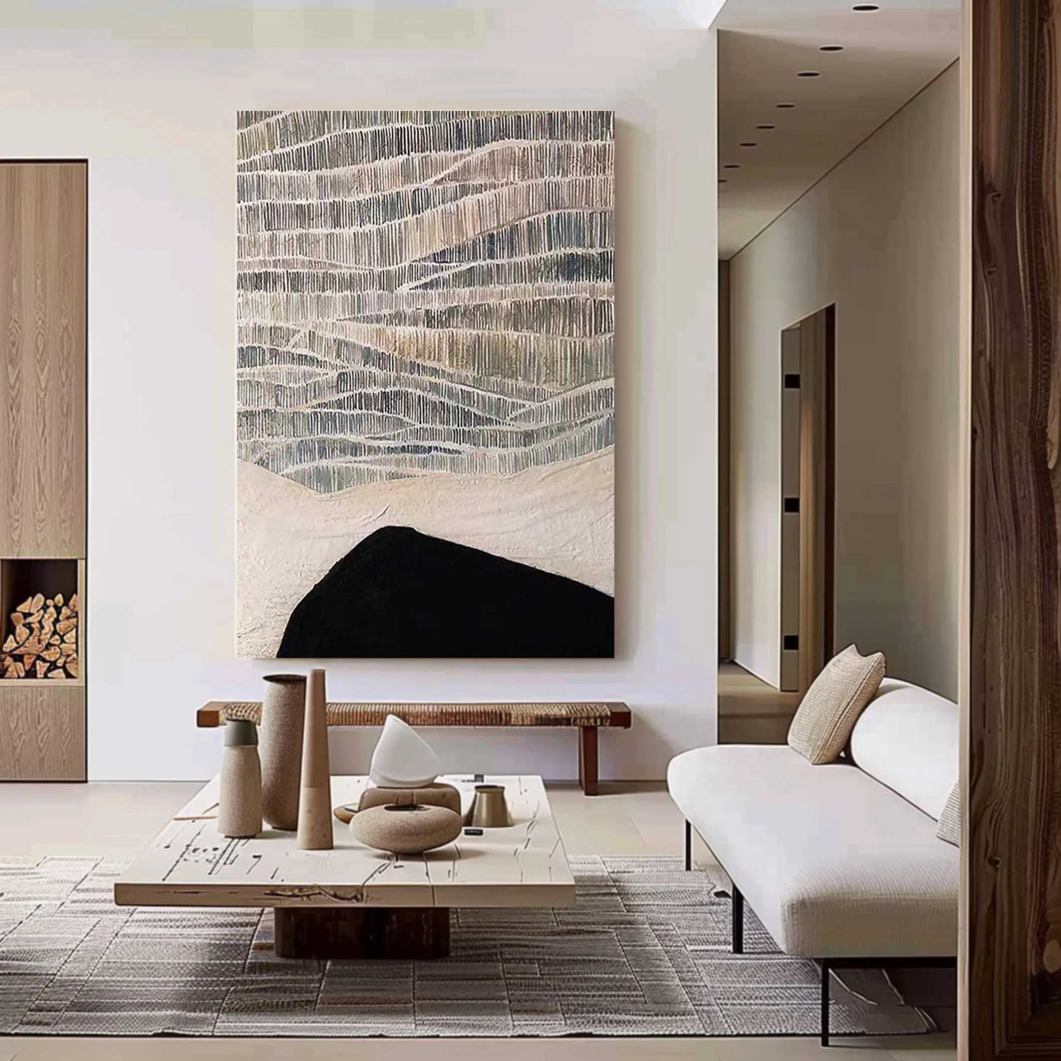 Silent Hill – Wabi-Sabi Style Black-and-White Minimalist Painting | Modern Abstract Living Room Art
