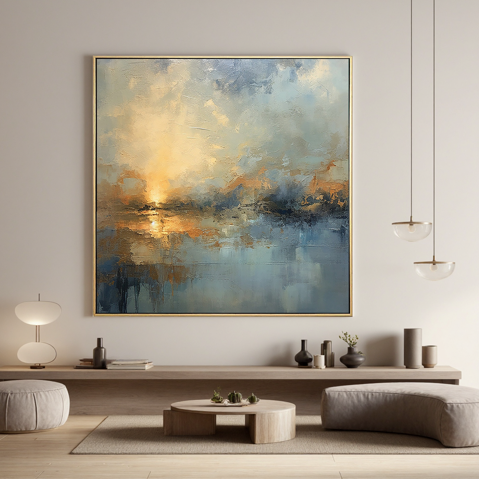 Dawn of Serenity – Modern Impressionist Blue & Gold Painting | Abstract Landscape Dining Room Art