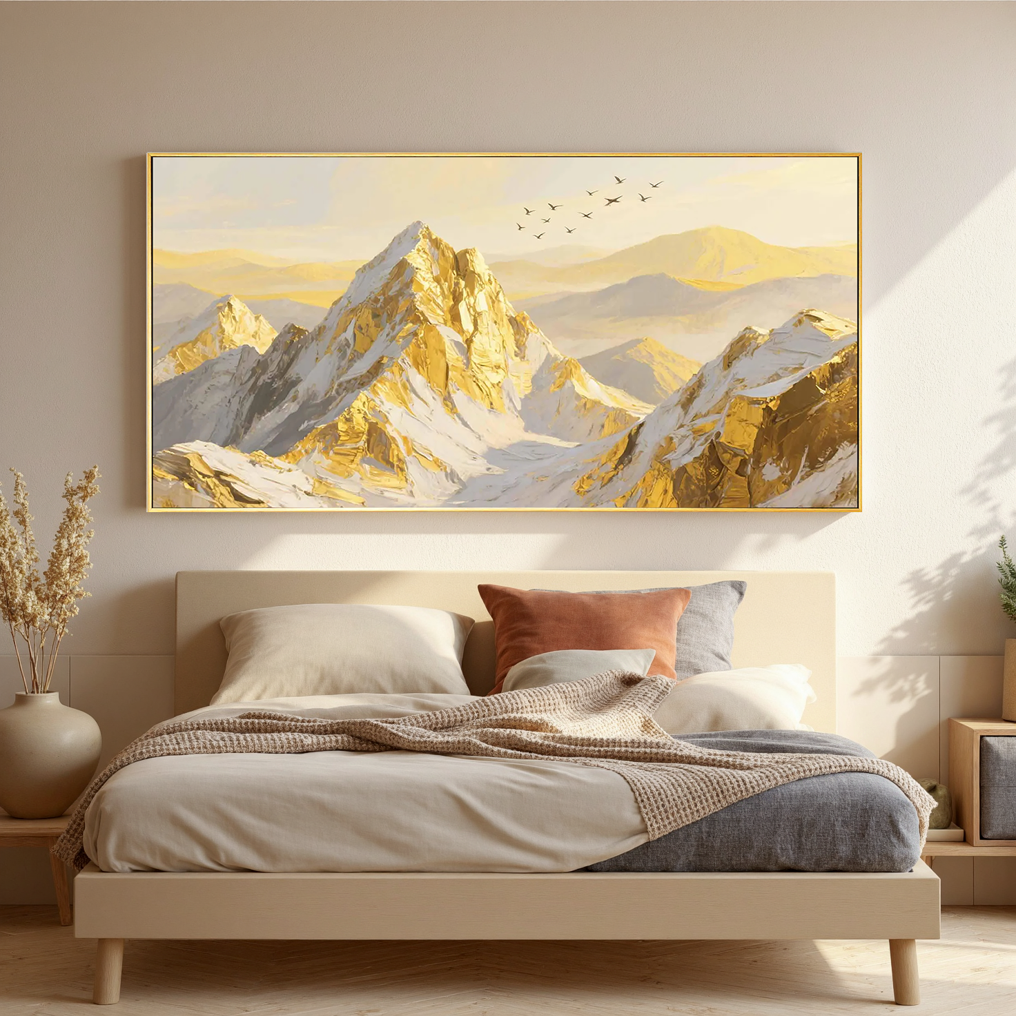 Golden Summit – Hand-Painted Alpine Snow Peak Landscape Palette Knife Oil Mountain Painting | Contemporary Mountain Living Room & Home Office Art