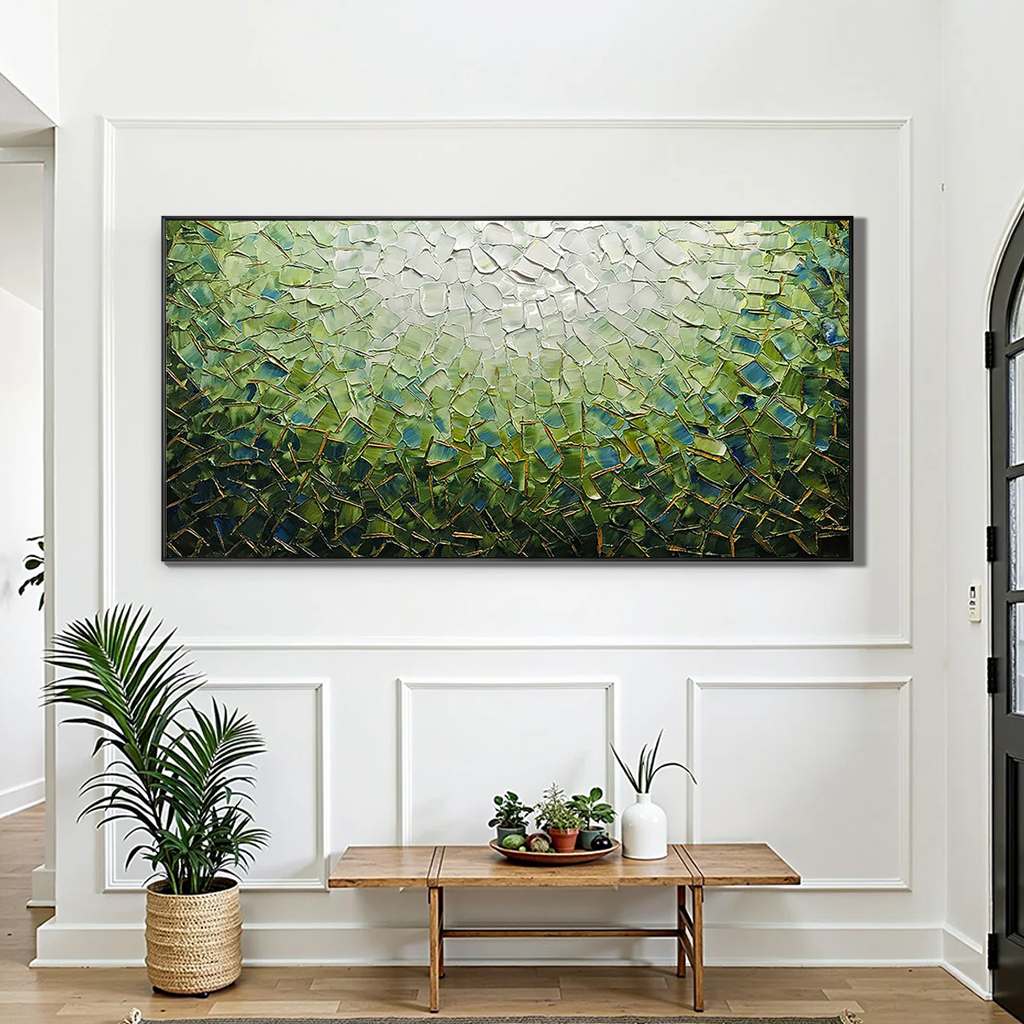 Emerald Radiance – Green and Gold Impasto Landscape Abstract Painting | Contemporary Landscape Living Room & Dining Room Art