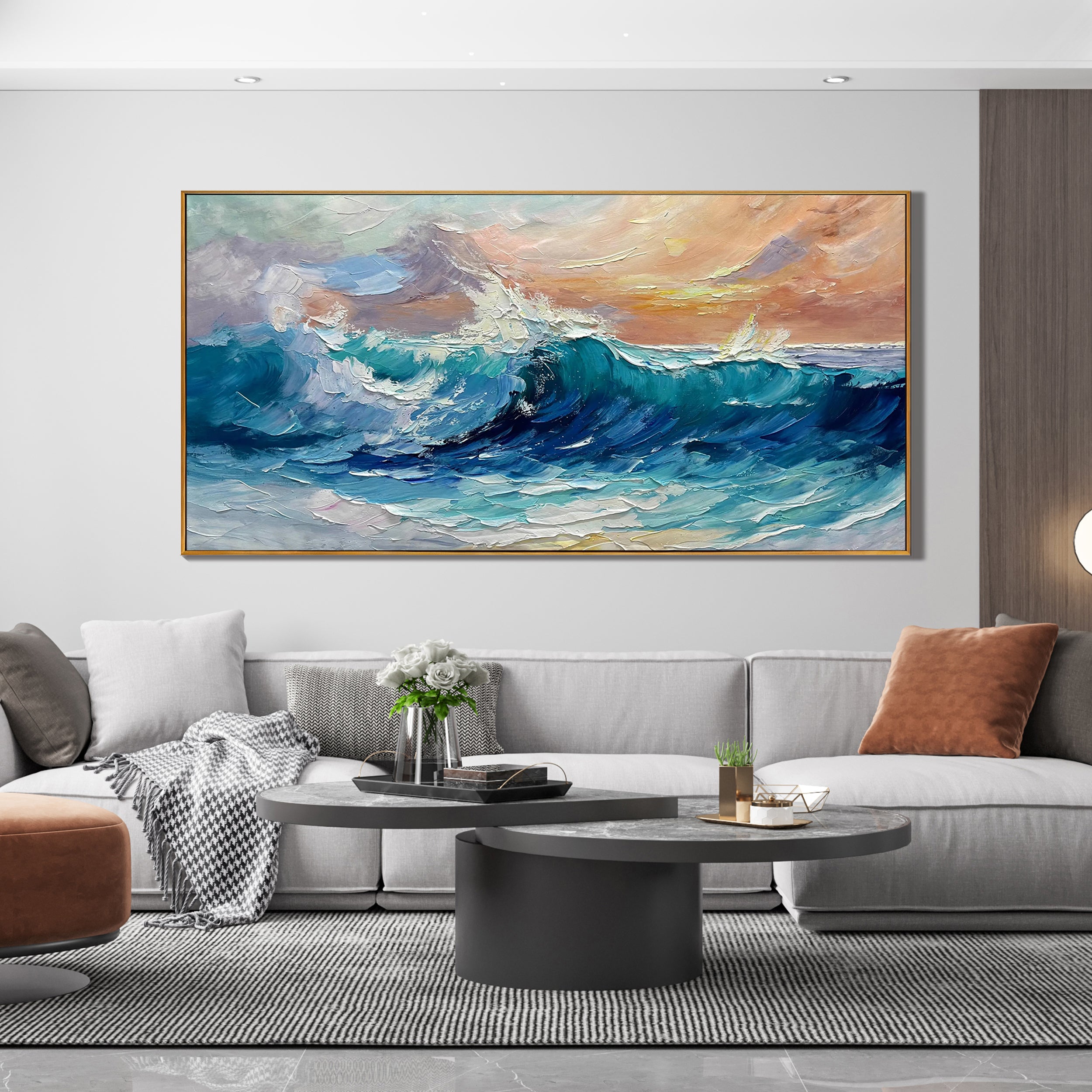 Indigo Surge – Hand-Painted Deep Blue and Sunset 3D Heavy Texture Palette Knife Texture Painting | Modern Abstract Living Room & Office Art