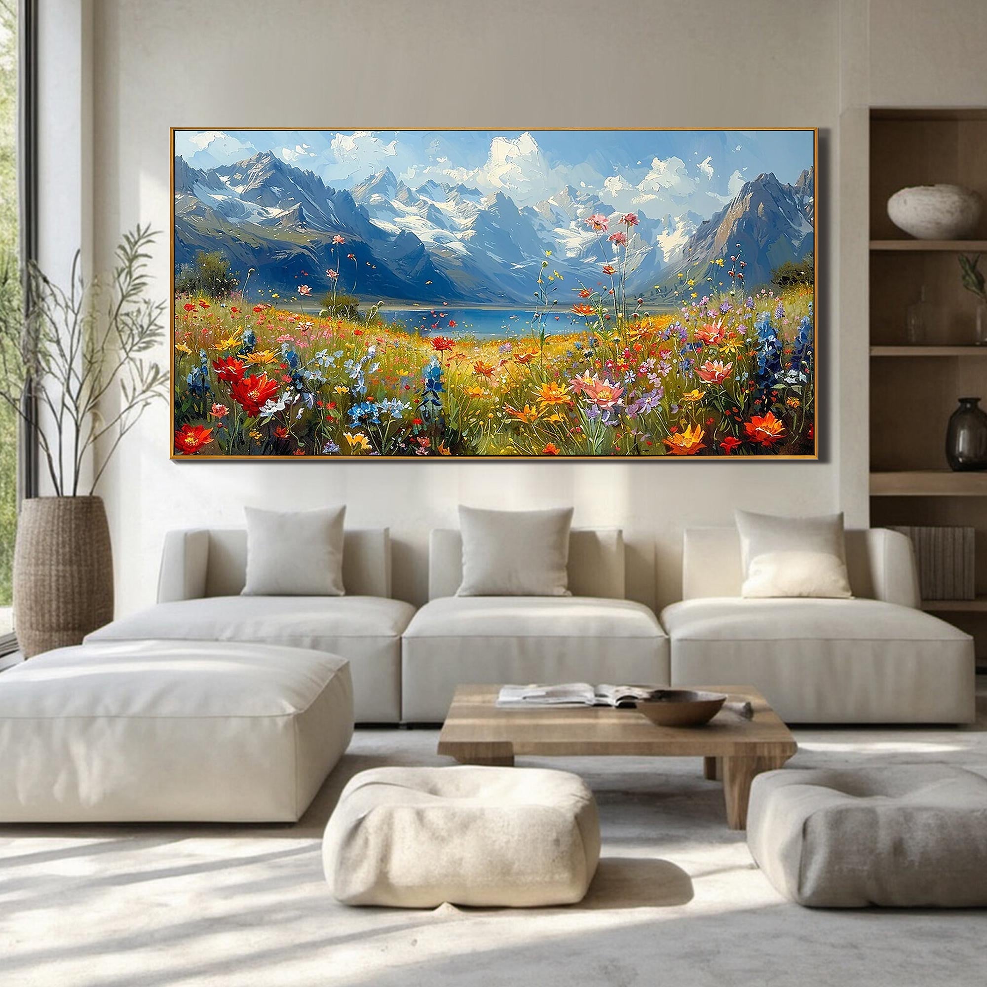 Alpine Bloom – Hand-Painted Snow Mountain and Wildflower Lake Landscape Painting | Contemporary Botanical Bedroom & Living Room Art