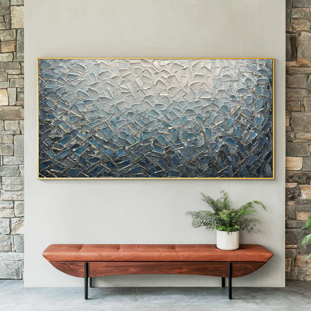 Azure Weave – Modern Blue and Silver Plaster Abstract Painting | Modern Abstract Living Room & Office Art