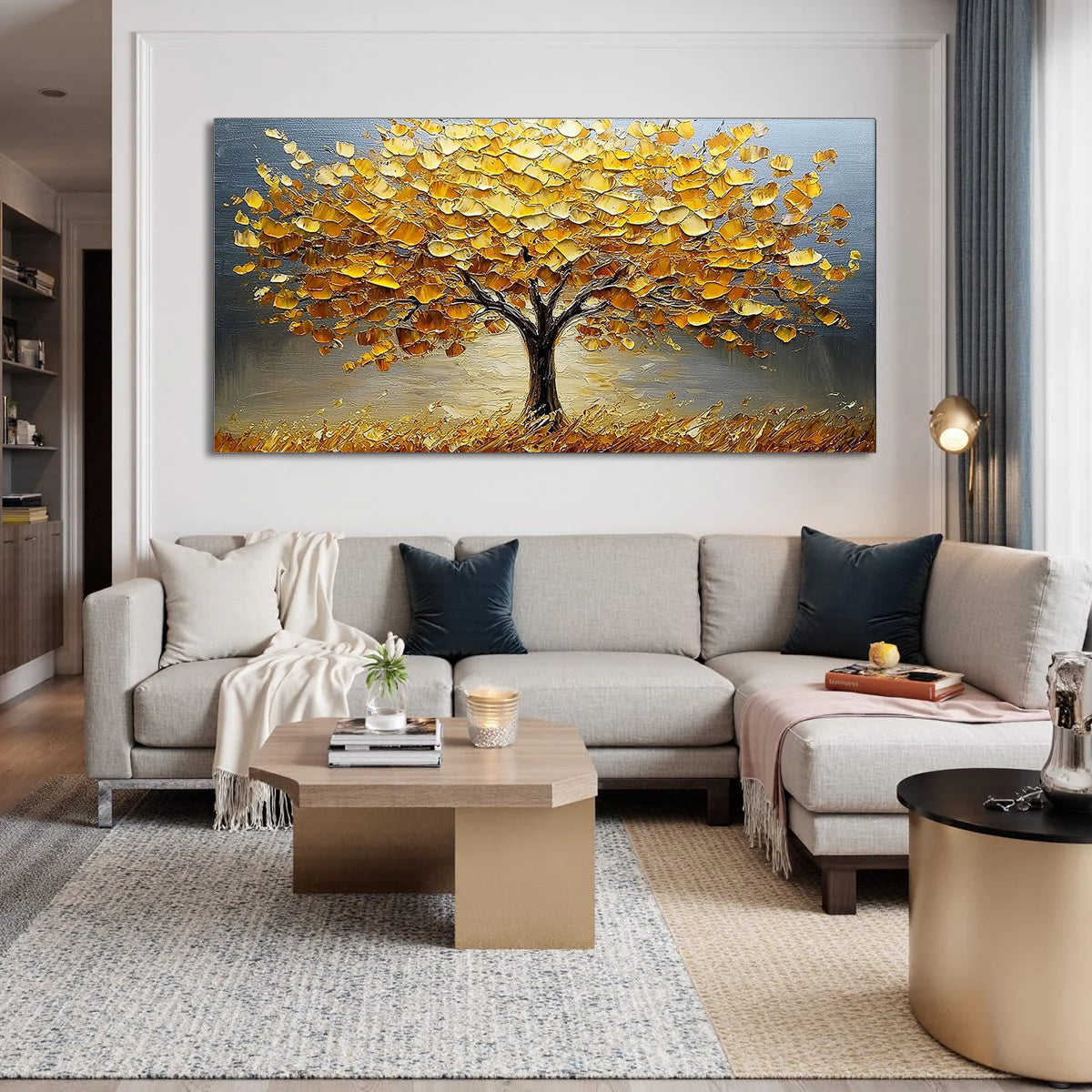 Golden Abundance – Hand-Painted Impasto Yellow Leaf Tree Painting | Modern Luxury Metallic Living Room & Hotel Art