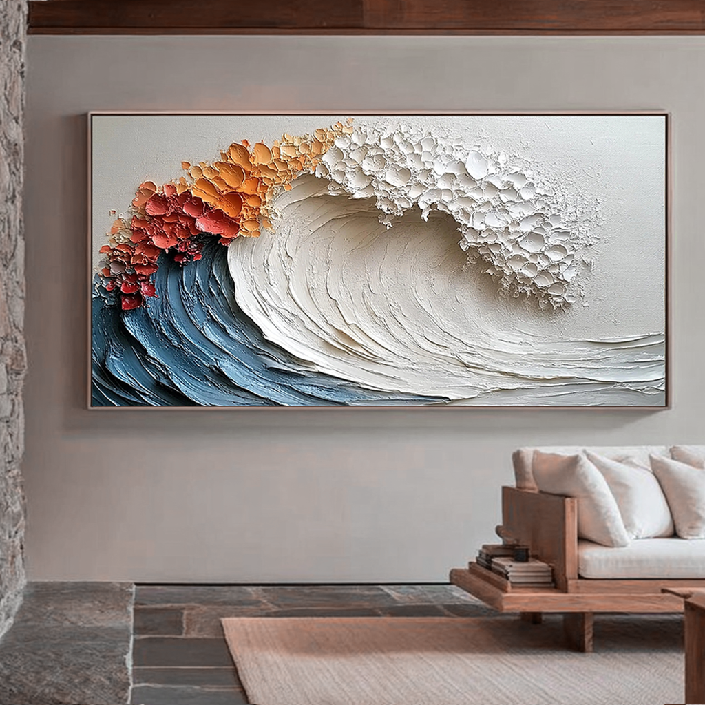 CRUSHING WAVE: Panoramic 3D Heavy Texture Ocean Wall Art, Modern Blue & White Wave Relief