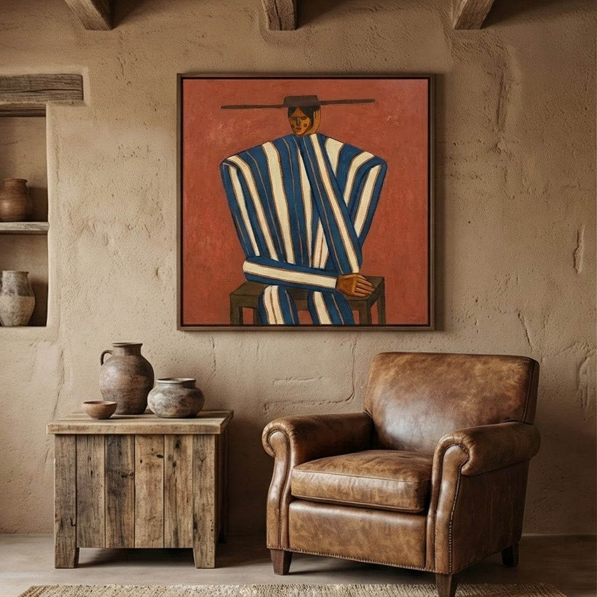 Stripes Beneath Wide Brim – Rust Striped Figure Painting | Vintage Western Square Wall Art