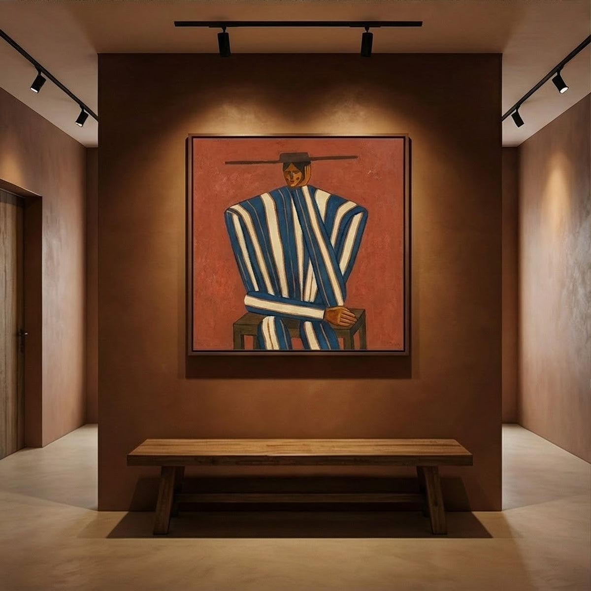 Stripes Beneath Wide Brim – Rust Striped Figure Painting | Vintage Western Square Wall Art