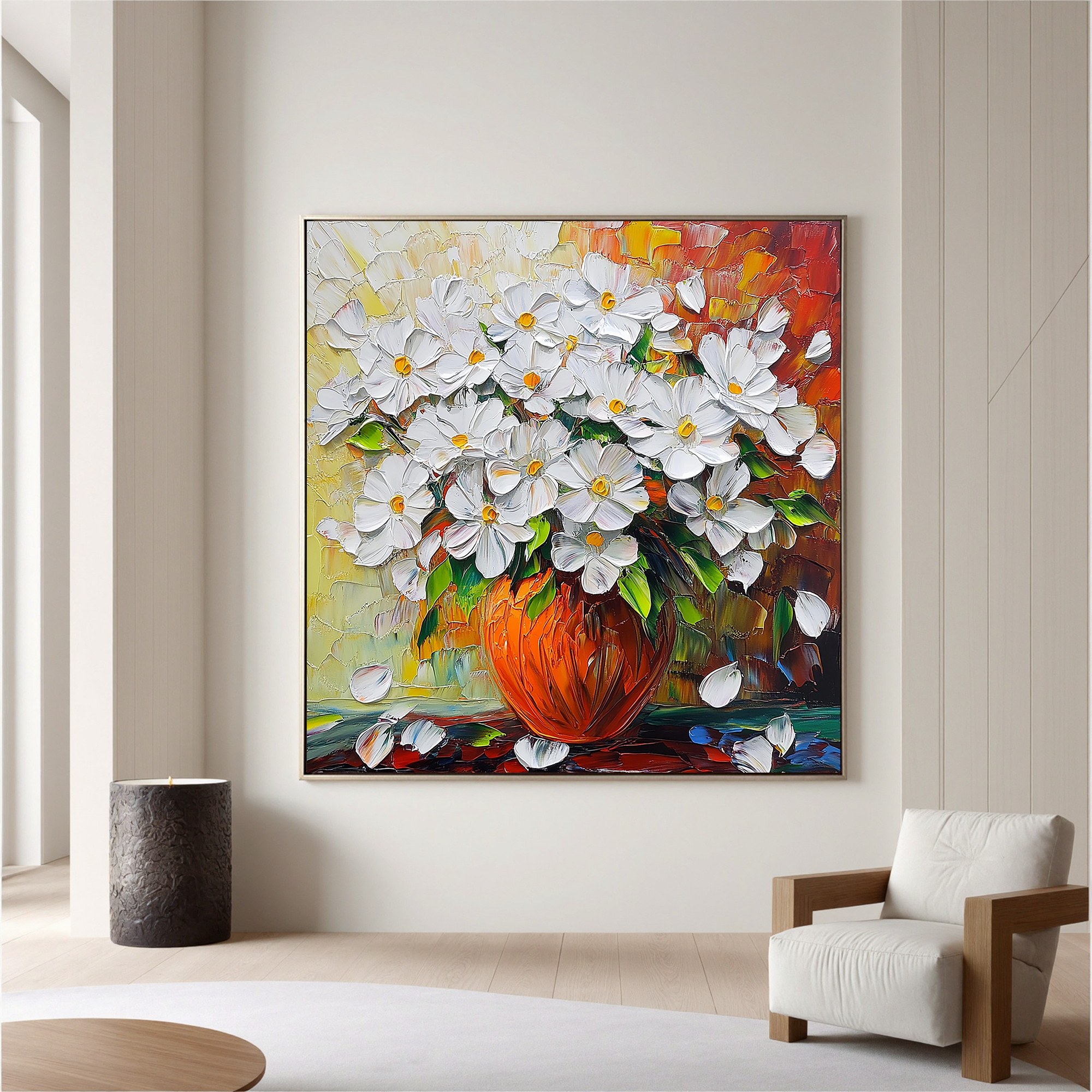 Sun-Drenched Bloom – Modern Impressionist Textured Daisy Painting | Vibrant Warm Tone Living Room Art