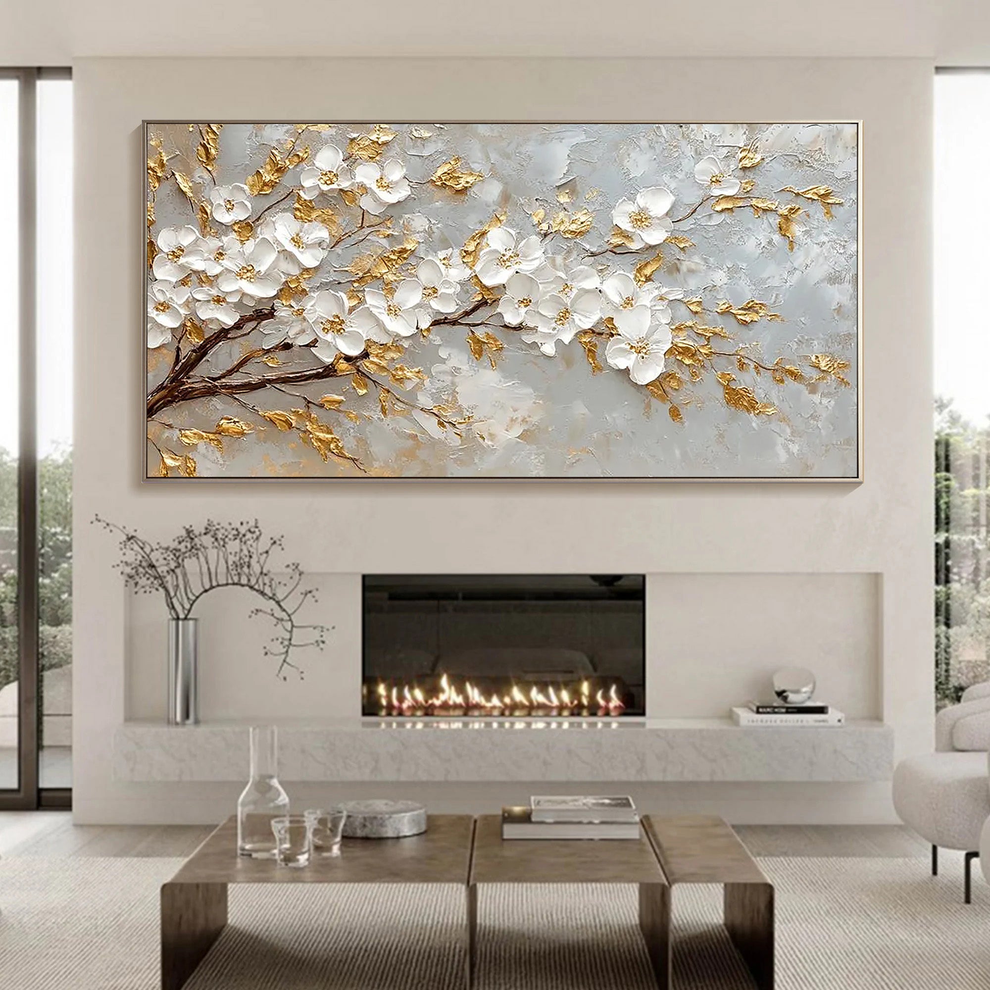 Golden Orchard – 3D Impasto White Cherry Blossom Hand-Painted Floral Painting | Modern Luxury Botanical Bedroom & Living Room Art