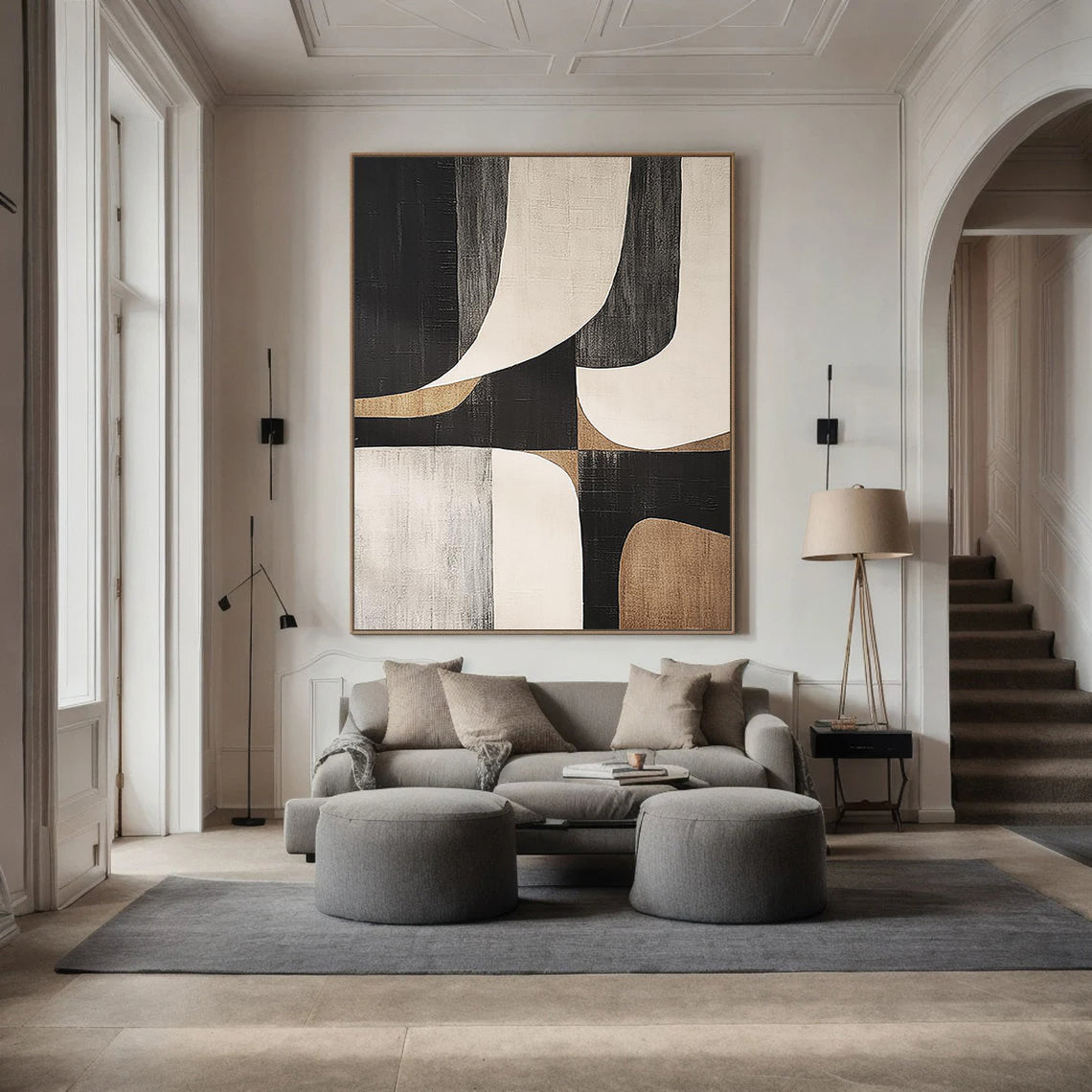 Balanced Geometric – Hand-Painted Black and Beige Minimalist Shapes Wabi-Sabi Painting | Japandi Organic Wabi-Sabi Living Room & Hallway Art