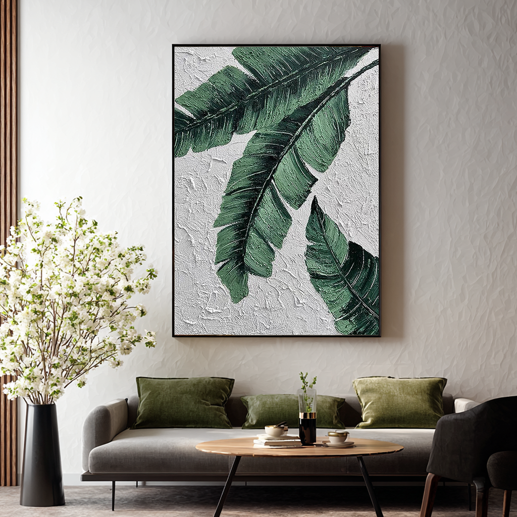 Emerald Frond – Modern Banana Leaf Texture Painting | Tropical Botanical Bedroom & Dining Room Art