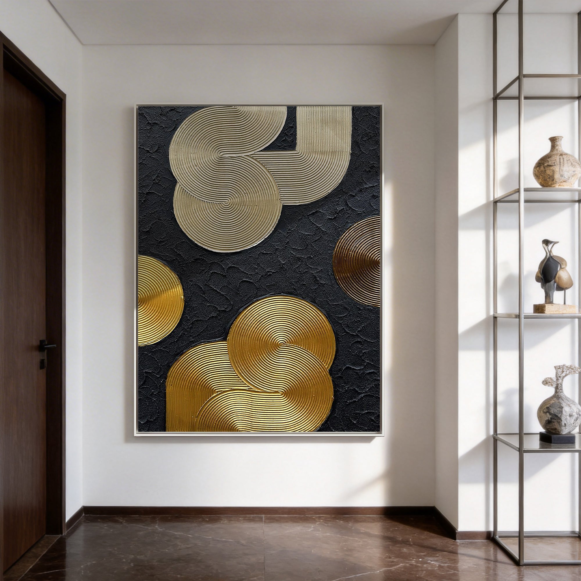 Metallic Orbit – Luxury Black & Gold 3D Linear Geometric Art | Modern High-End  Living Room Art