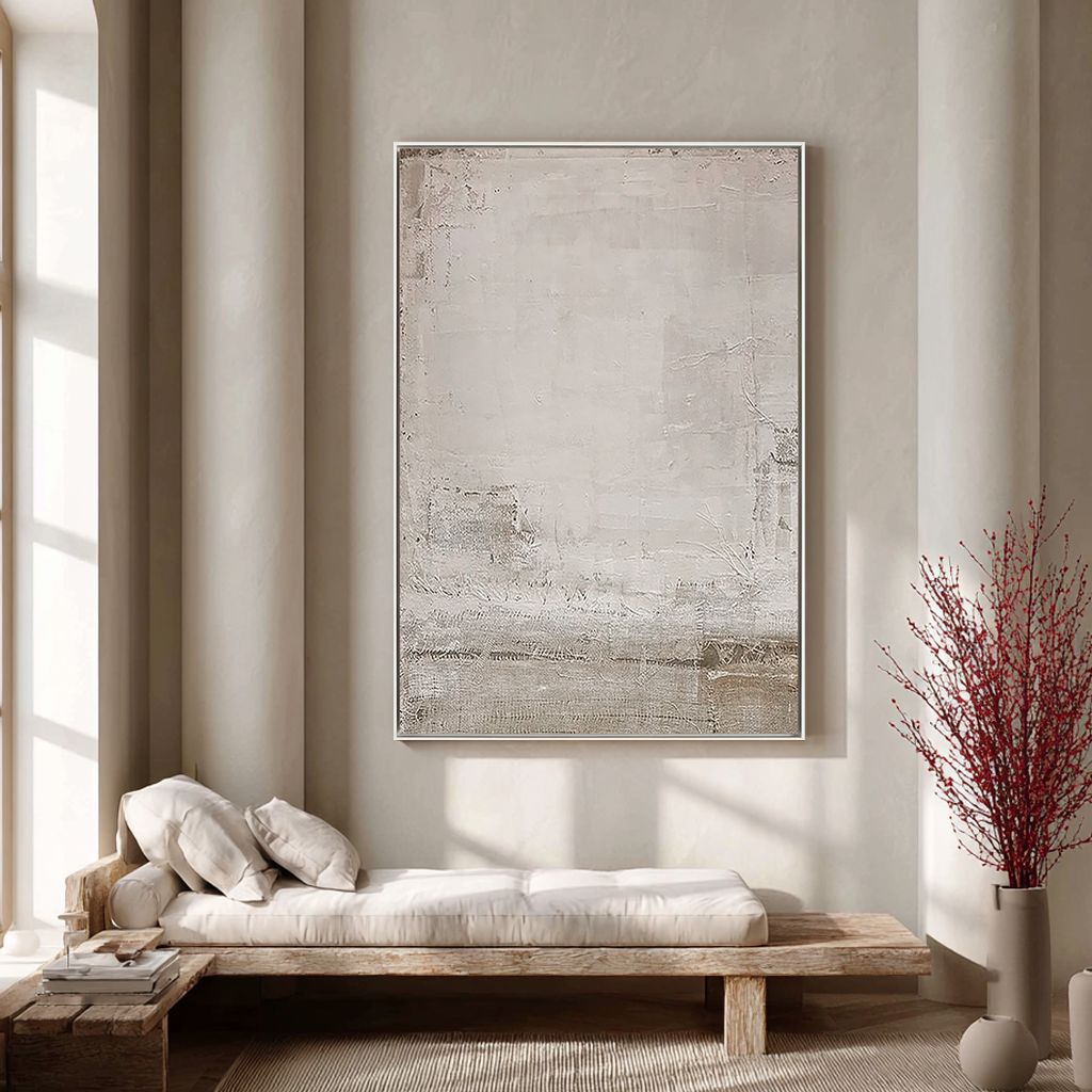 Ancient Vestige – Hand-Painted Distressed Grey and White Plaster Effect Wabi-Sabi Painting | Japandi Wabi-Sabi Living Room & Bedroom Art