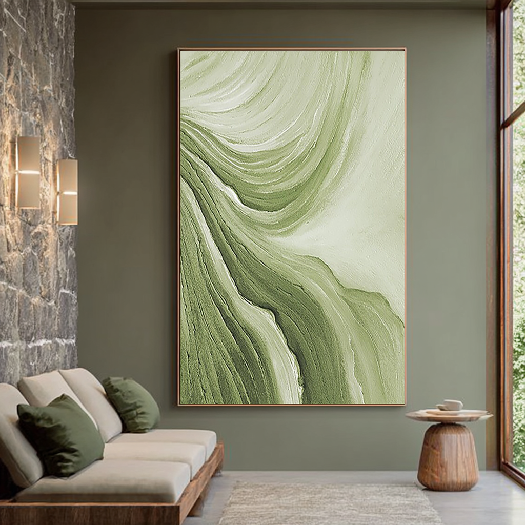 SAGE RIPPLE: Modern 3D Plaster Texture Wall Art, Green Wave Abstract Relief Painting