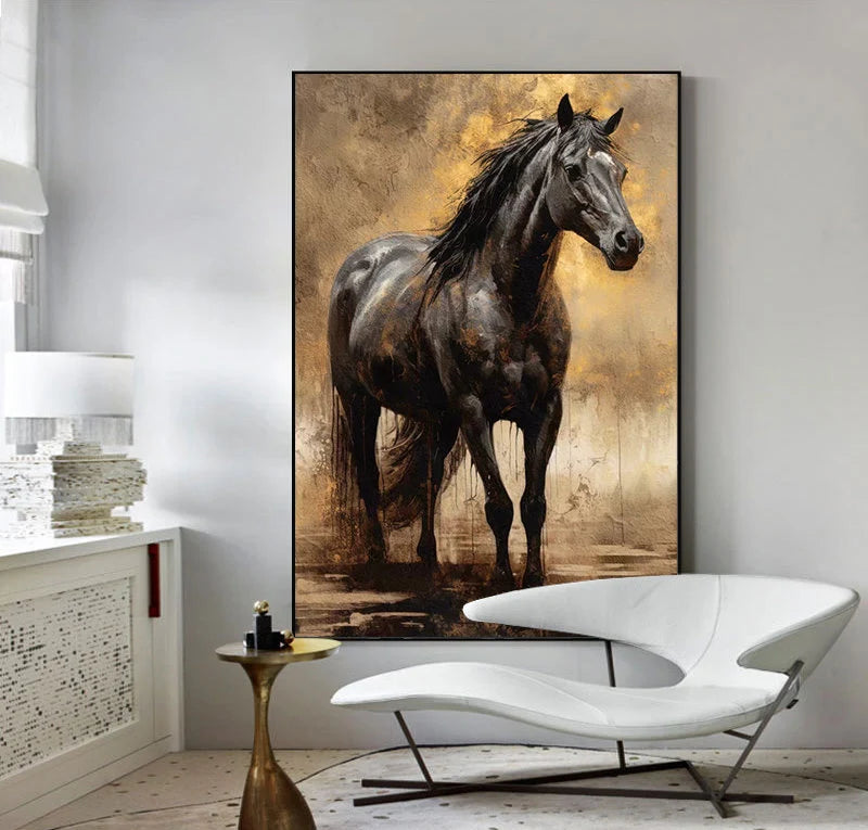 The Obsidian Knight – Realistic Black Horse Texture Painting | Gilded Earth Tone Living Room Art