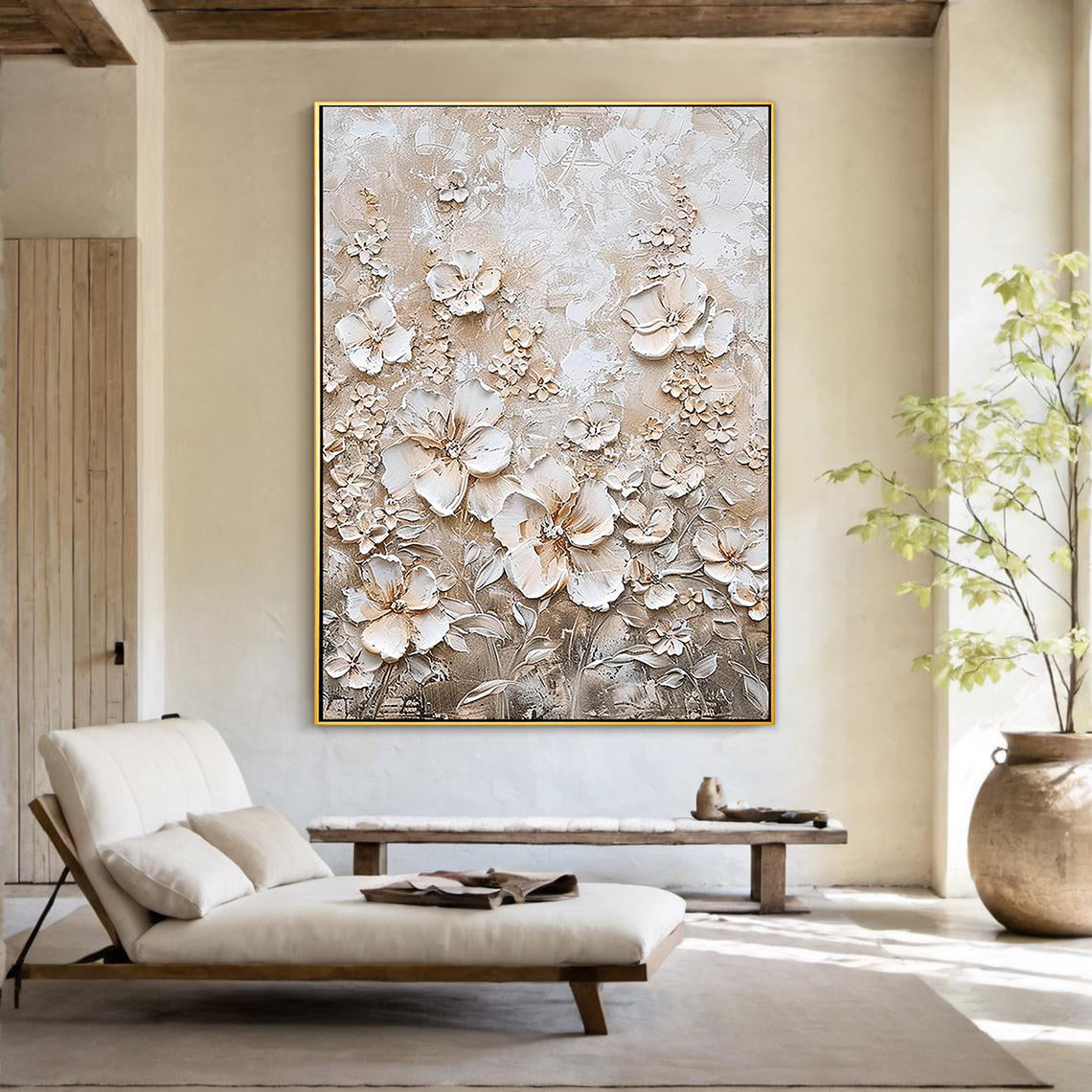 Ivory Petals – Hand-Painted Champagne White Blossom 3D Relief Floral Painting | Soft Organic Botanical Bedroom & Living Room Art