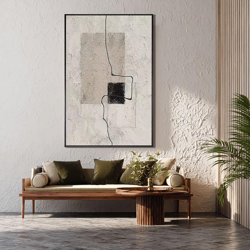 Urban Grid – Grey & Black Plaster Minimalist Painting | Modern Minimalist Bedroom & Home Office Art