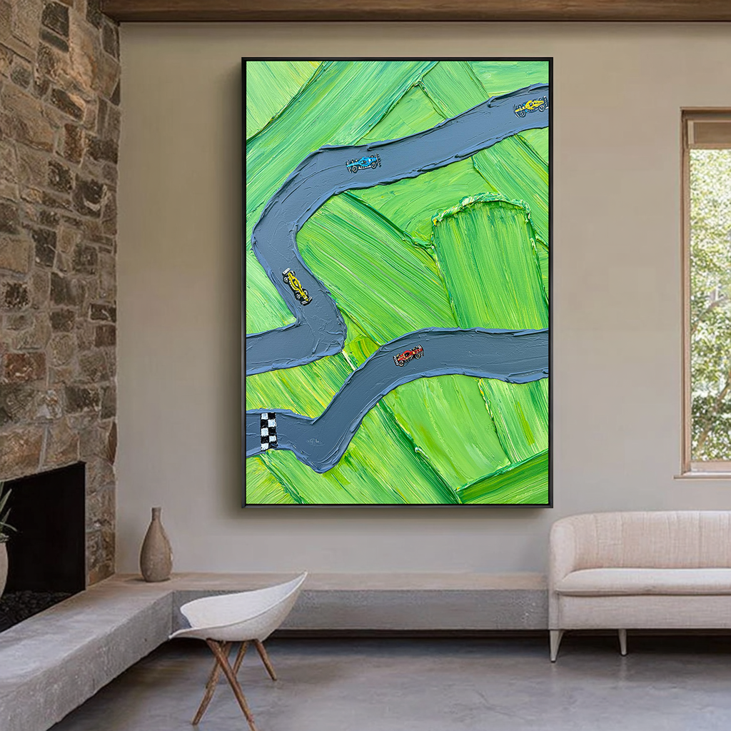 Circuit Breeze – Hand-Painted Green Race Track Minimalist Racing Car Sport Painting | Contemporary Sport Home Office & Living Room Art