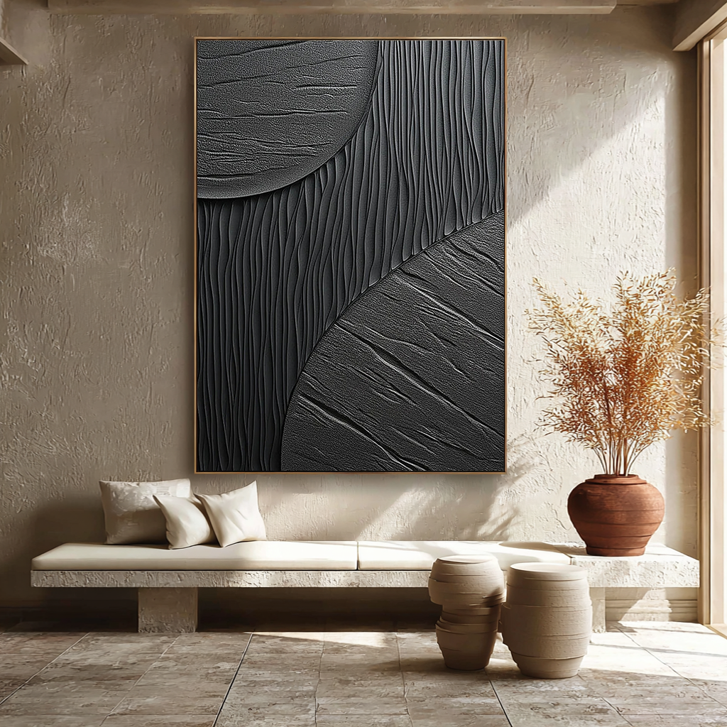 Shadow Texture – Hand-Painted All-Black Minimalist Mixed Plaster Relief Texture Painting | Bold Minimalist Bedroom & Home Office Art