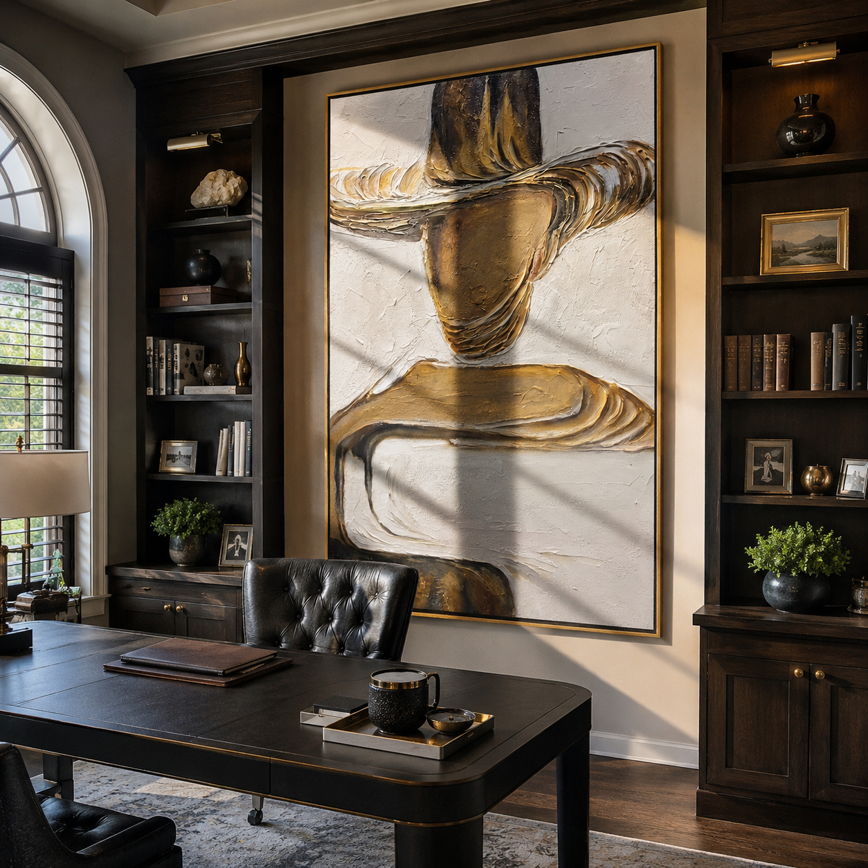 Gilded Brim Holds Still – Gold Hat Figure Painting | Retro Modern Vertical Wall Art