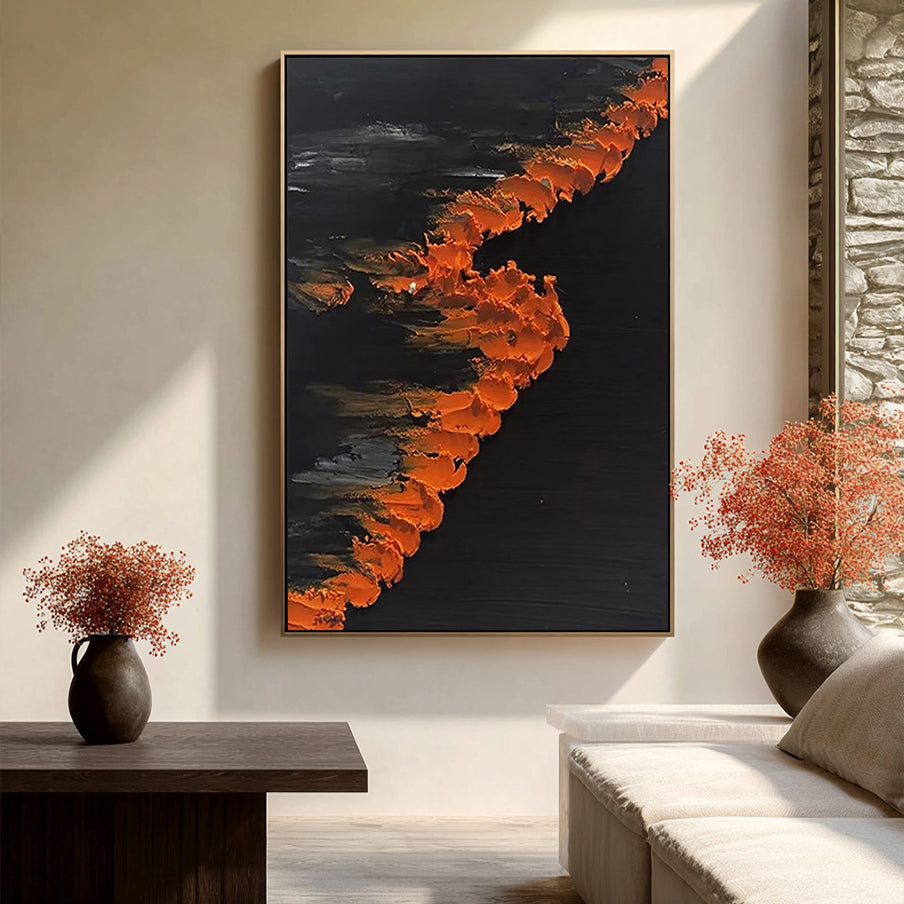 Midnight Flare – Modern Minimalist Black & Orange Impasto Abstract Art | Luxury Dramatic Hallway Art