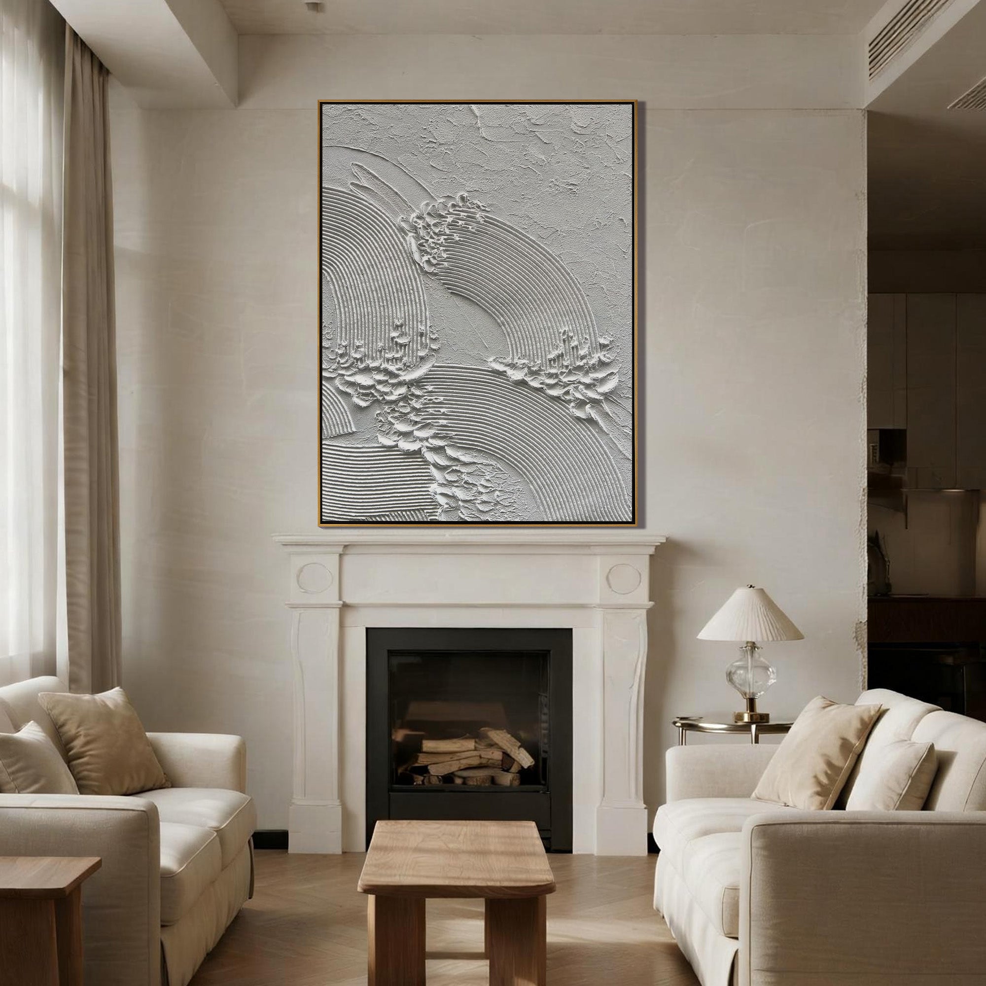 White Crest – Sculpted Plaster Ocean Relief Texture Painting | Coastal Modern Living Room & Bedroom Art