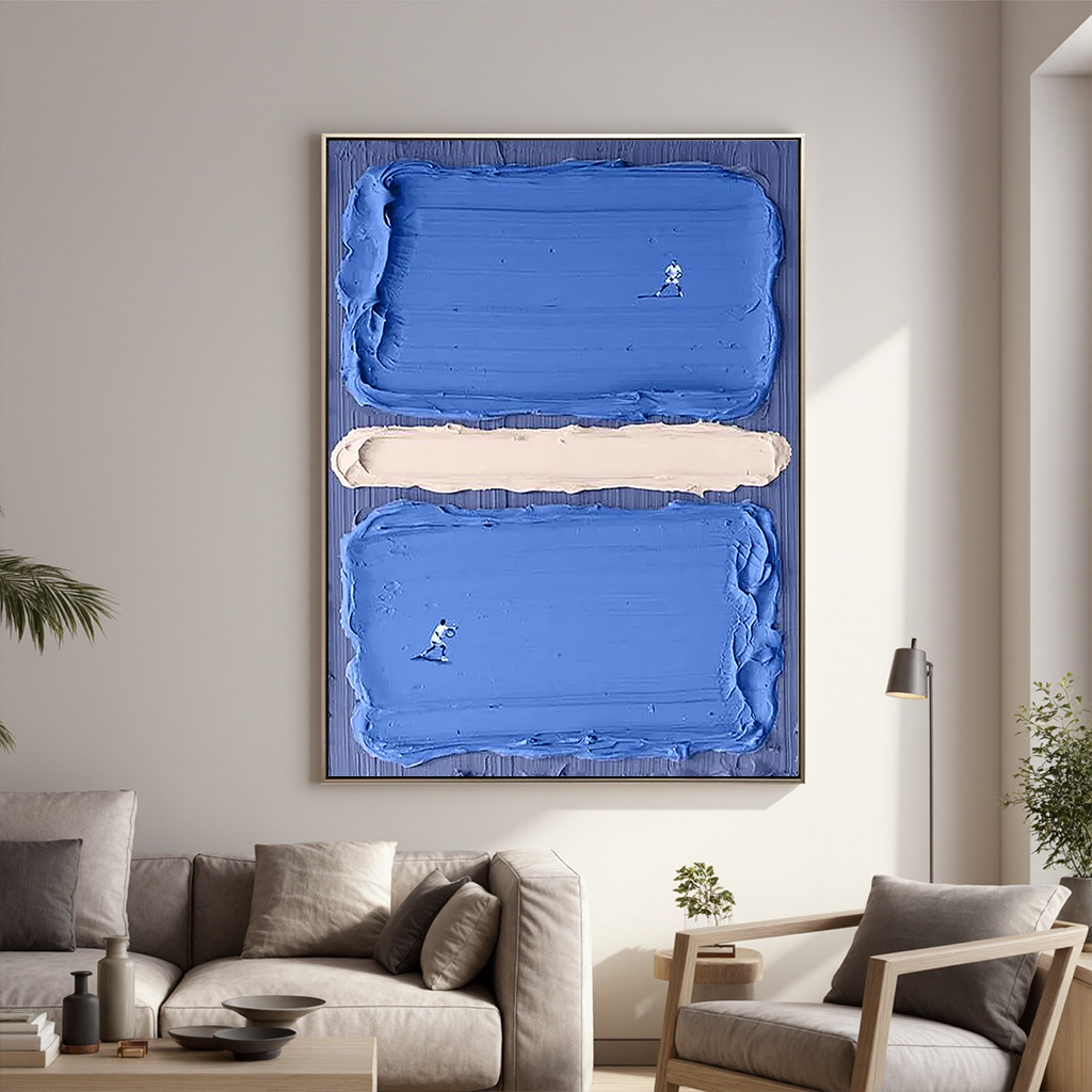 Court Horizon – Hand-Painted Deep Blue Tennis Court Athletes 3D Sport Painting | Contemporary Sport Home Office & Living Room Art
