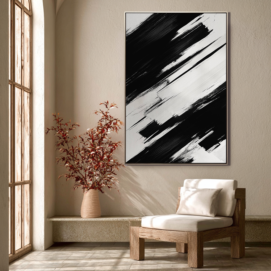 STRIKING NOIR: Bold Black & White Abstract Painting, Heavy Texture Industrial Wall Art