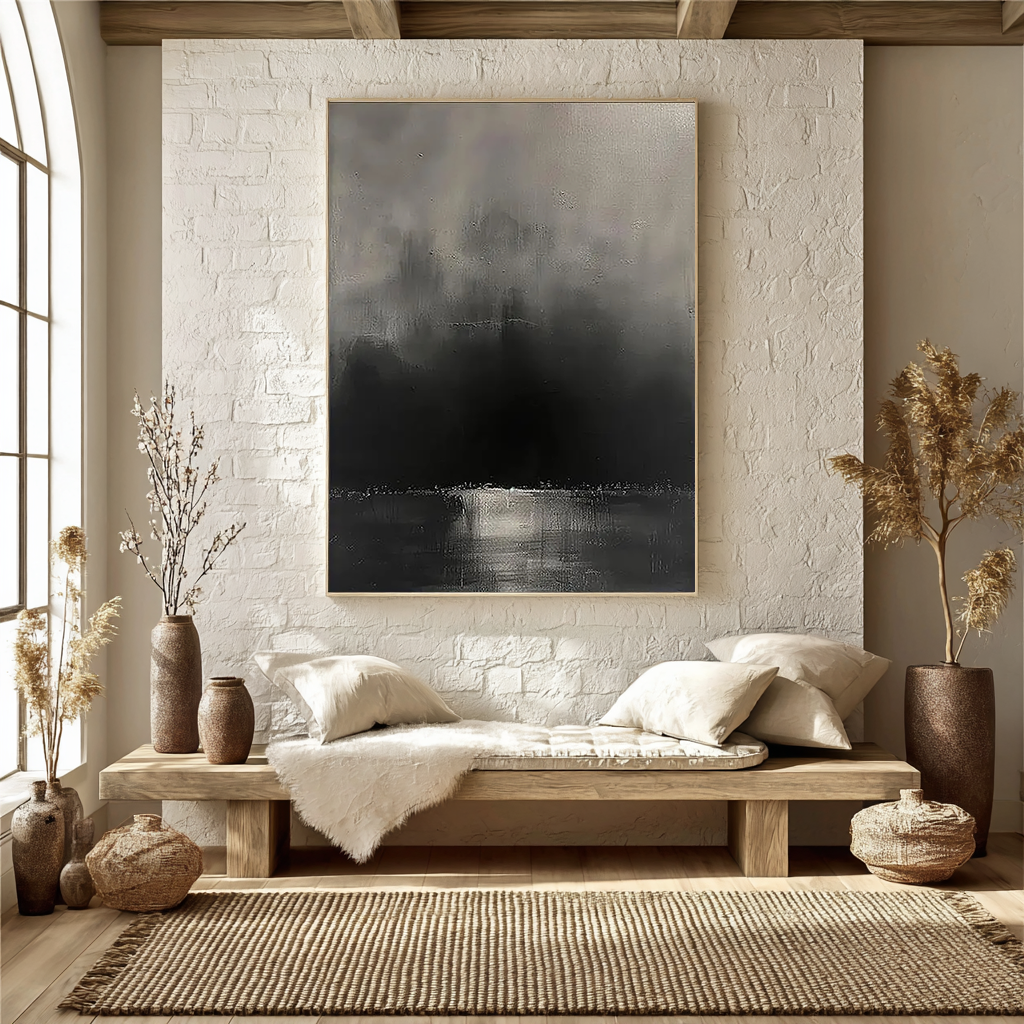 MYSTIC VOID: Minimalist Wall Art, Hand-Painted Charcoal Black and Grey Mist 3D Heavy Texture Plaster Effect Studio Art